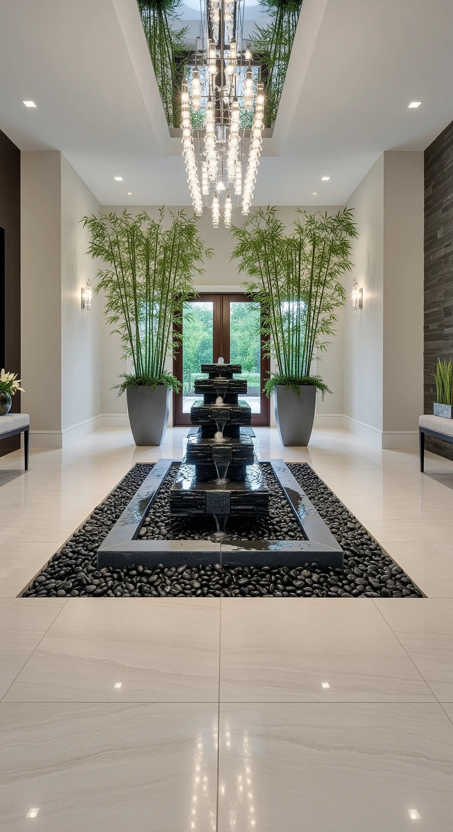 Ingresso simmetrico con grande fontana centrale a cascata e due vasi di bambù ai lati.