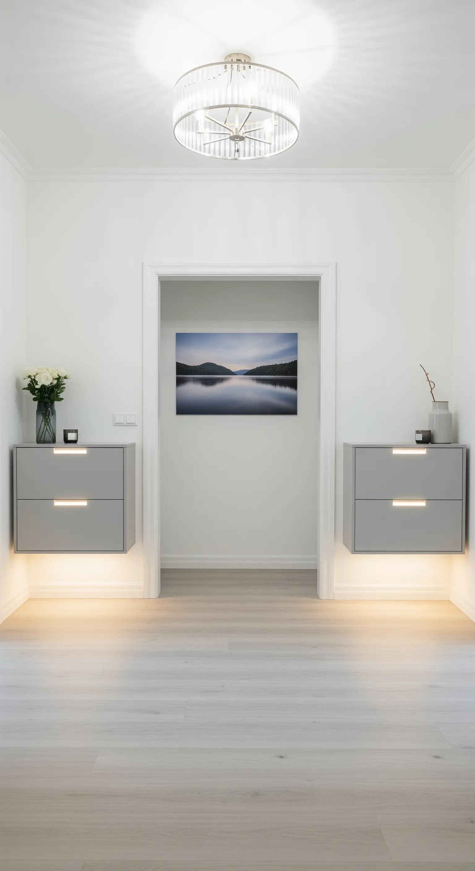 Due comodini sospesi grigi con illuminazione LED posti simmetricamente ai lati di una porta.