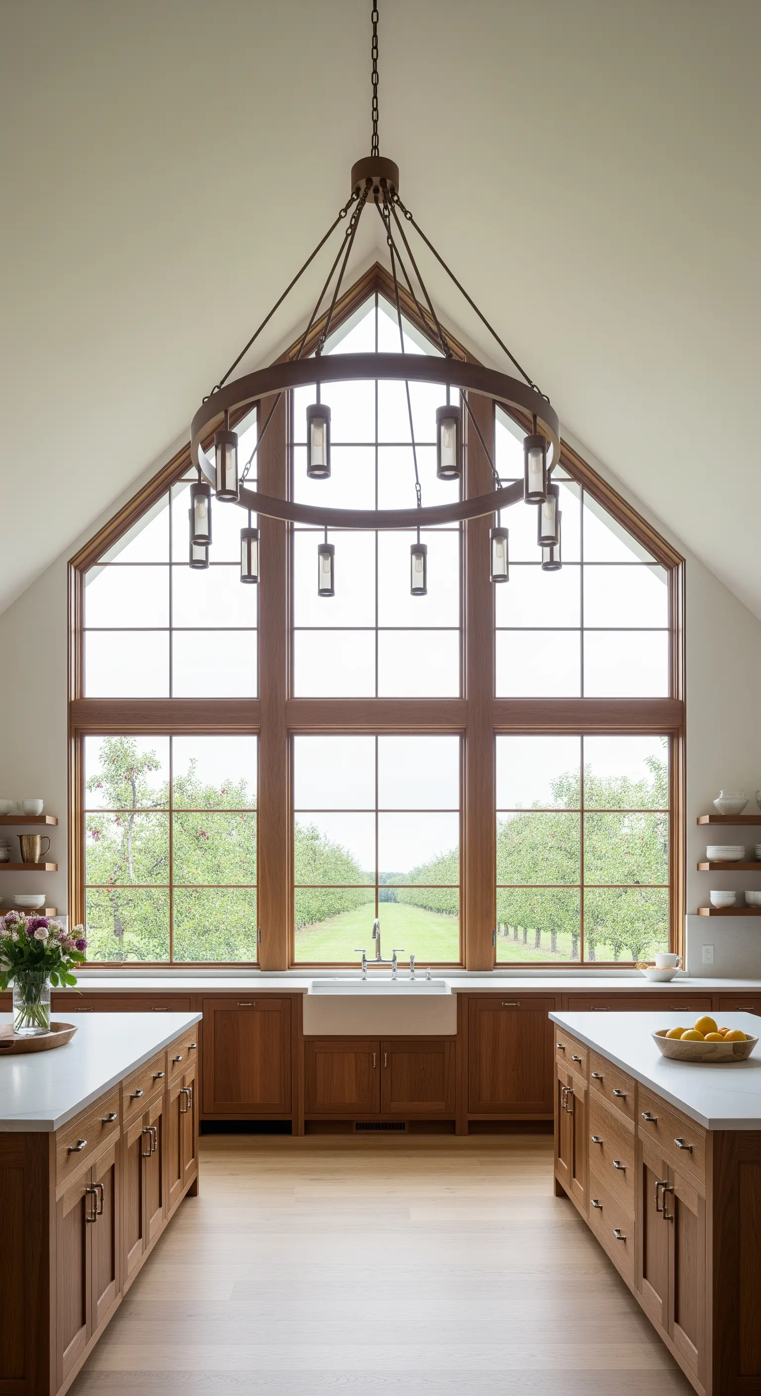 Cucina simmetrica in legno con grande finestra a capanna e un imponente lampadario circolare