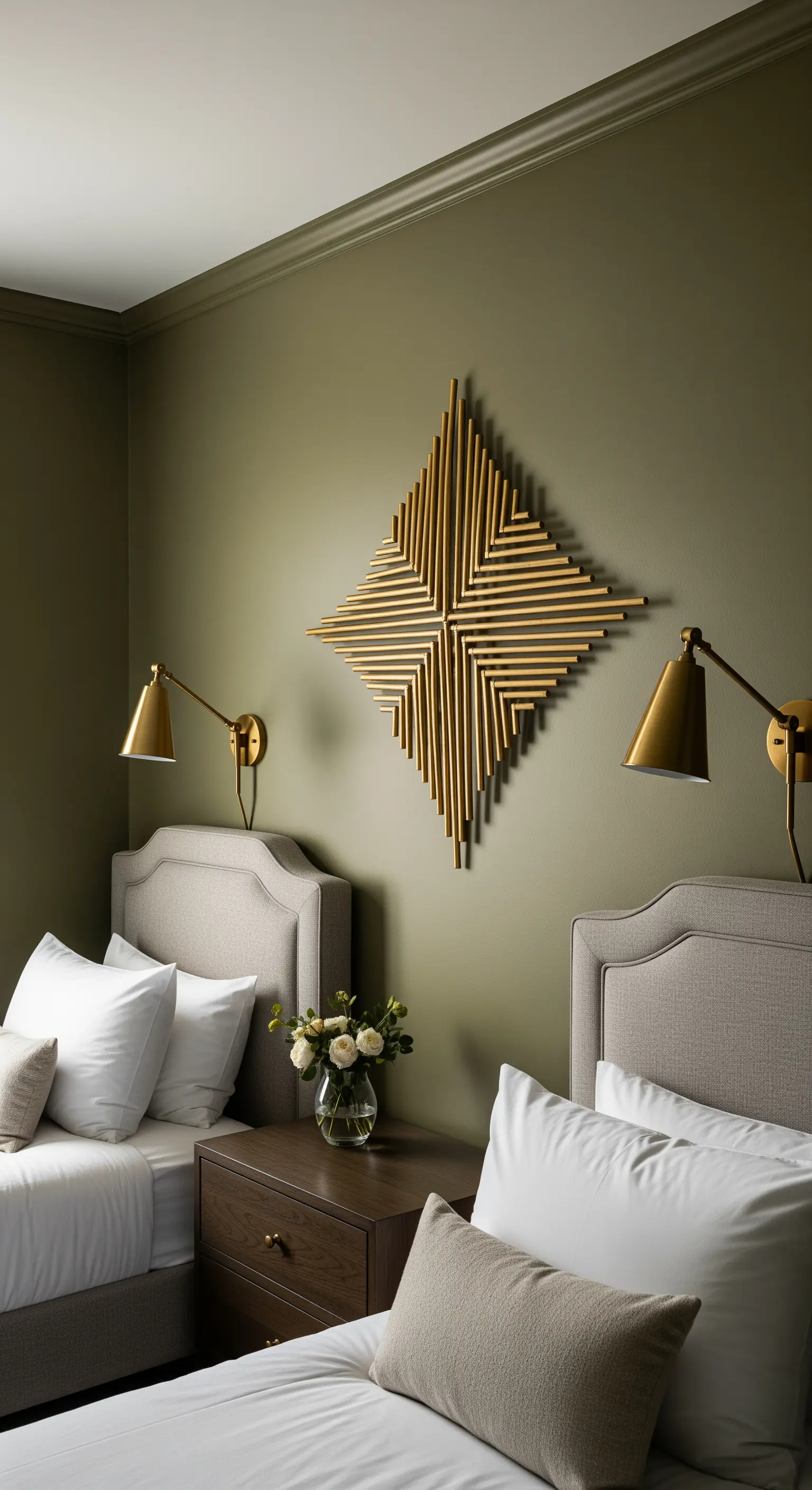 Camera con letti gemelli, parete verde oliva e scultura dorata centrale.