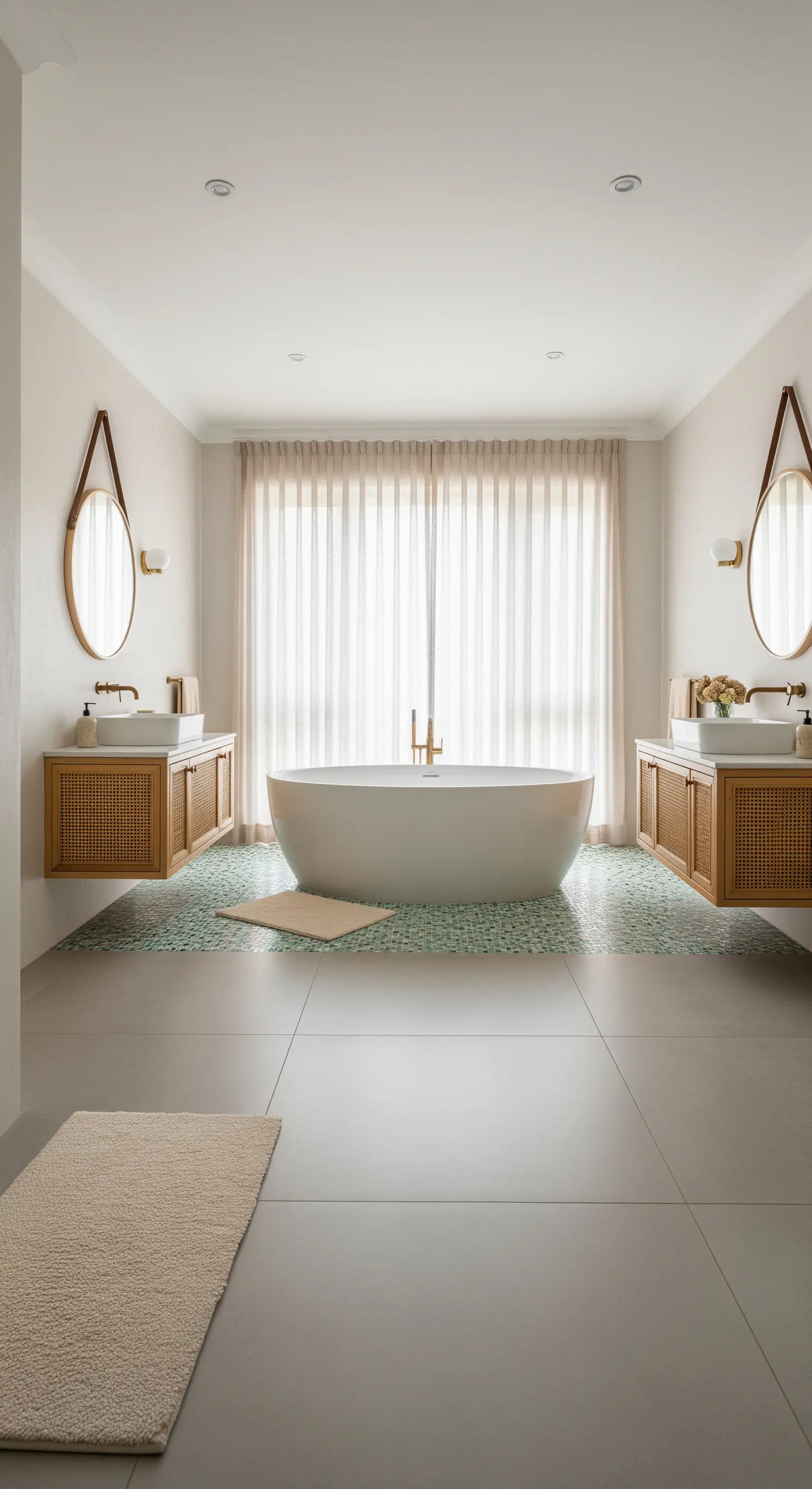 Bagno simmetrico con due mobili lavabo sospesi e una vasca centrale su piastrelle a mosaico.