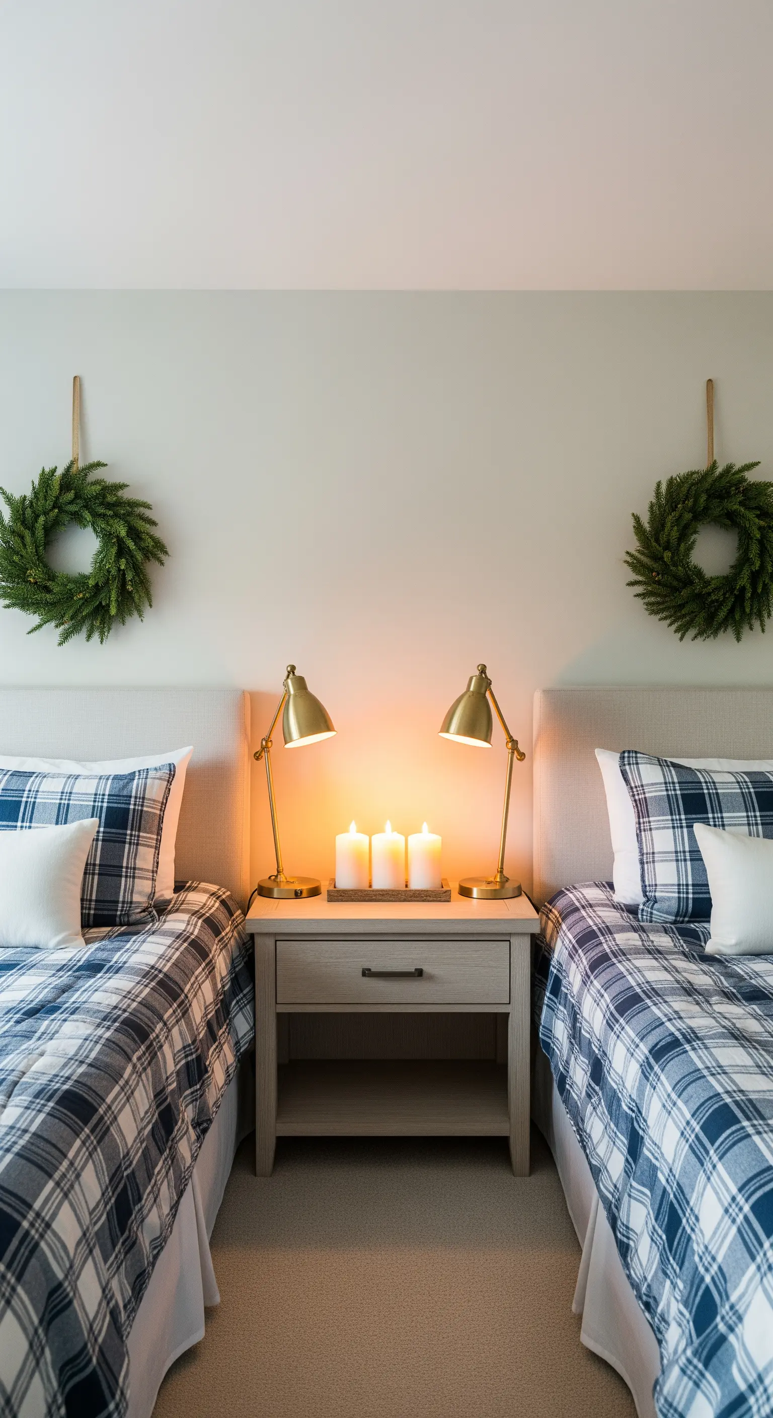 Camera con due letti singoli, plaid scozzese blu e ghirlande appese simmetricamente.