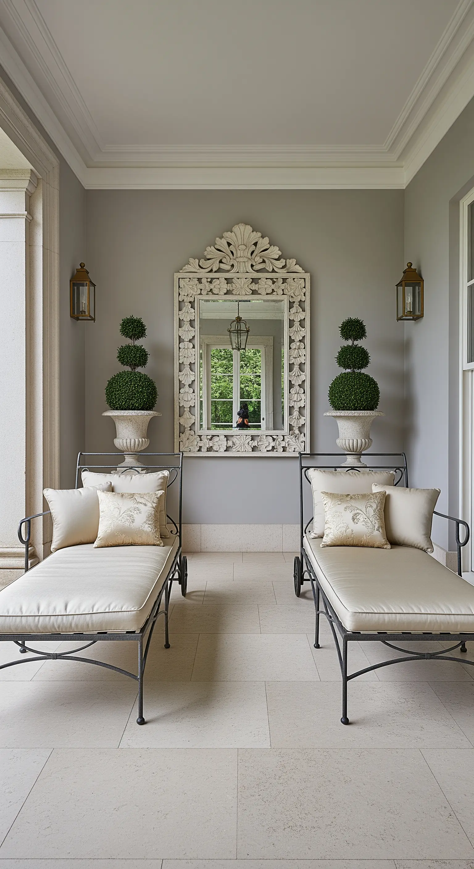 Terrazza formale con due lettini, specchio bianco intagliato e piante di bosso.