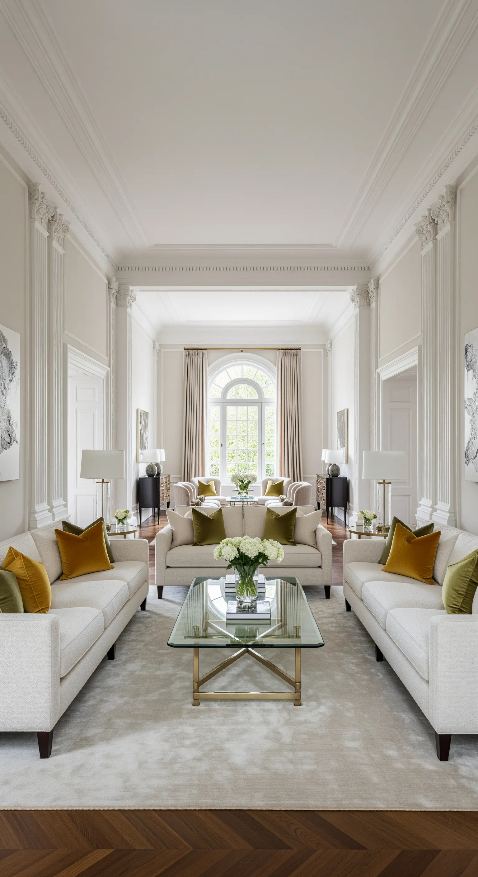 Ampio soggiorno neoclassico con divani contrapposti e cuscini senape e verdi disposti simmetricamente.