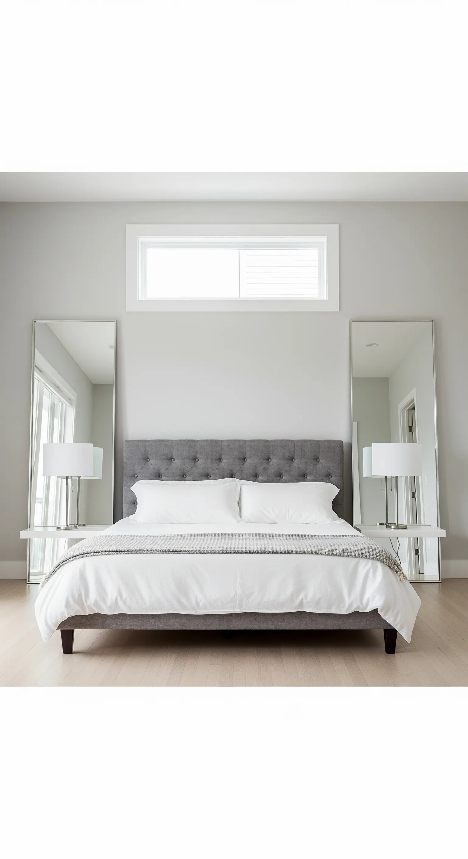 Due specchi a figura intera posizionati simmetricamente ai lati di un letto matrimoniale.