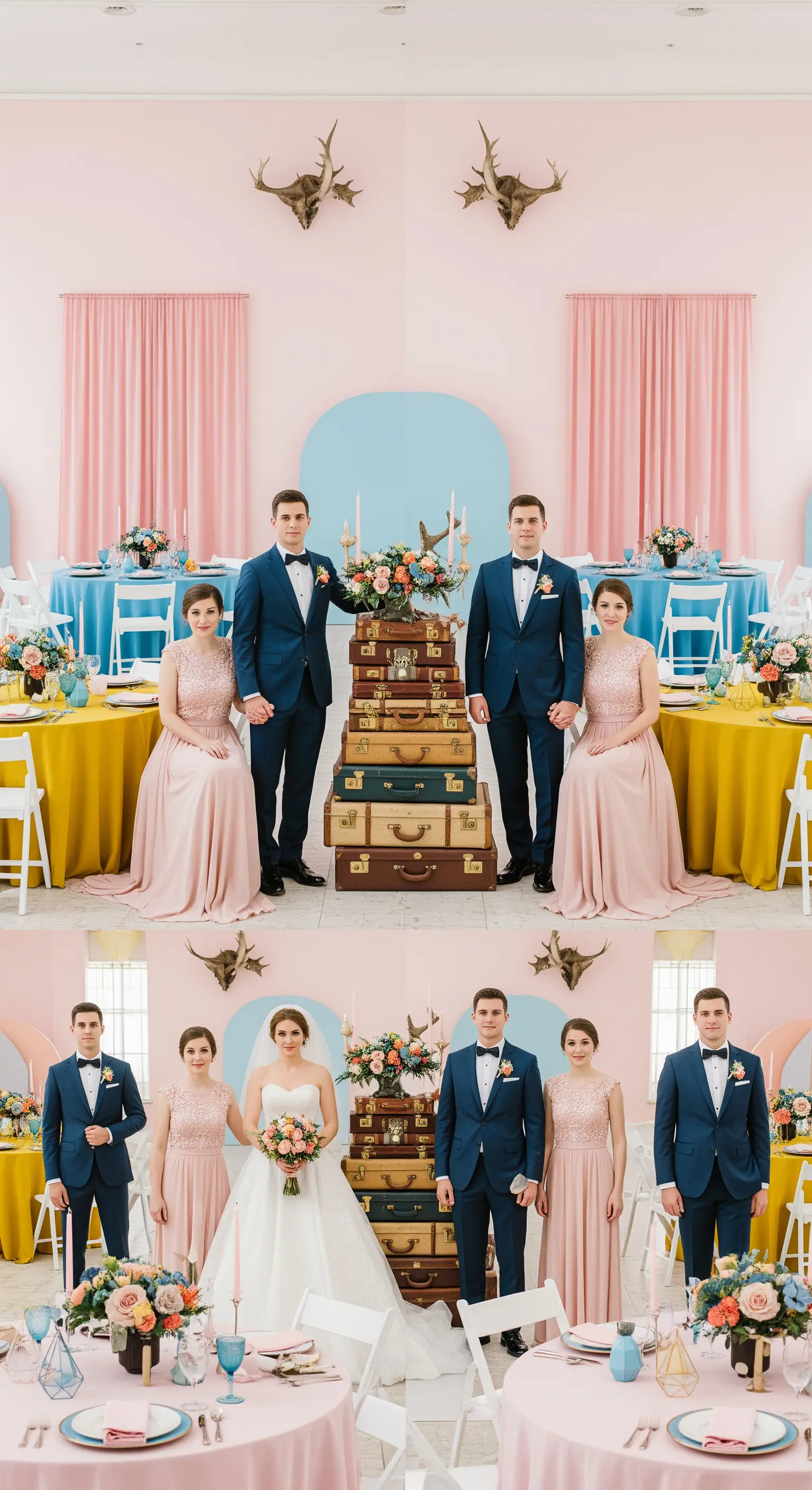 Allestimento di matrimonio simmetrico con palette pastello e una torre di valigie vintage