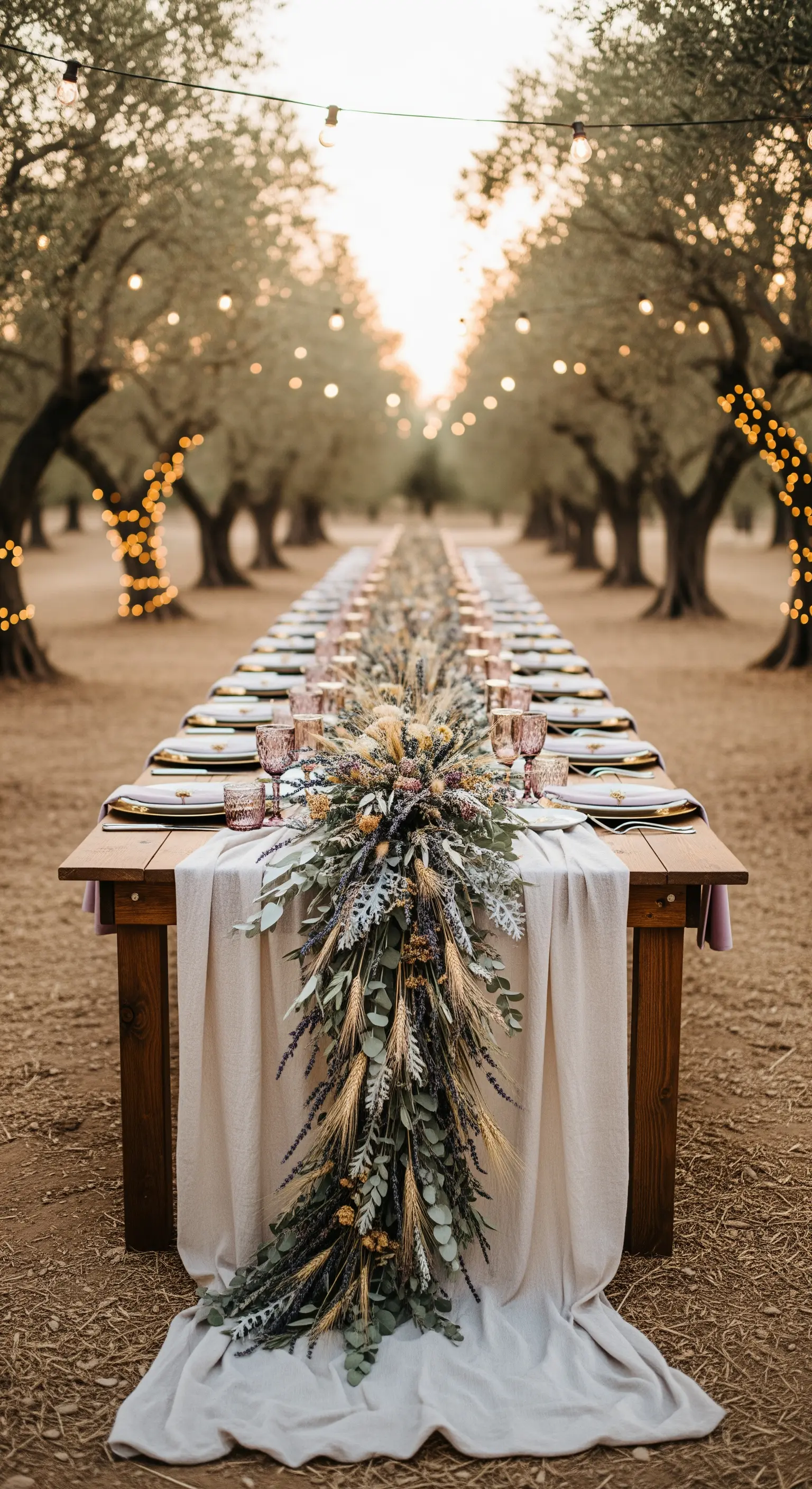 Tavolo imperiale in un uliveto con runner di fiori secchi e lucine.