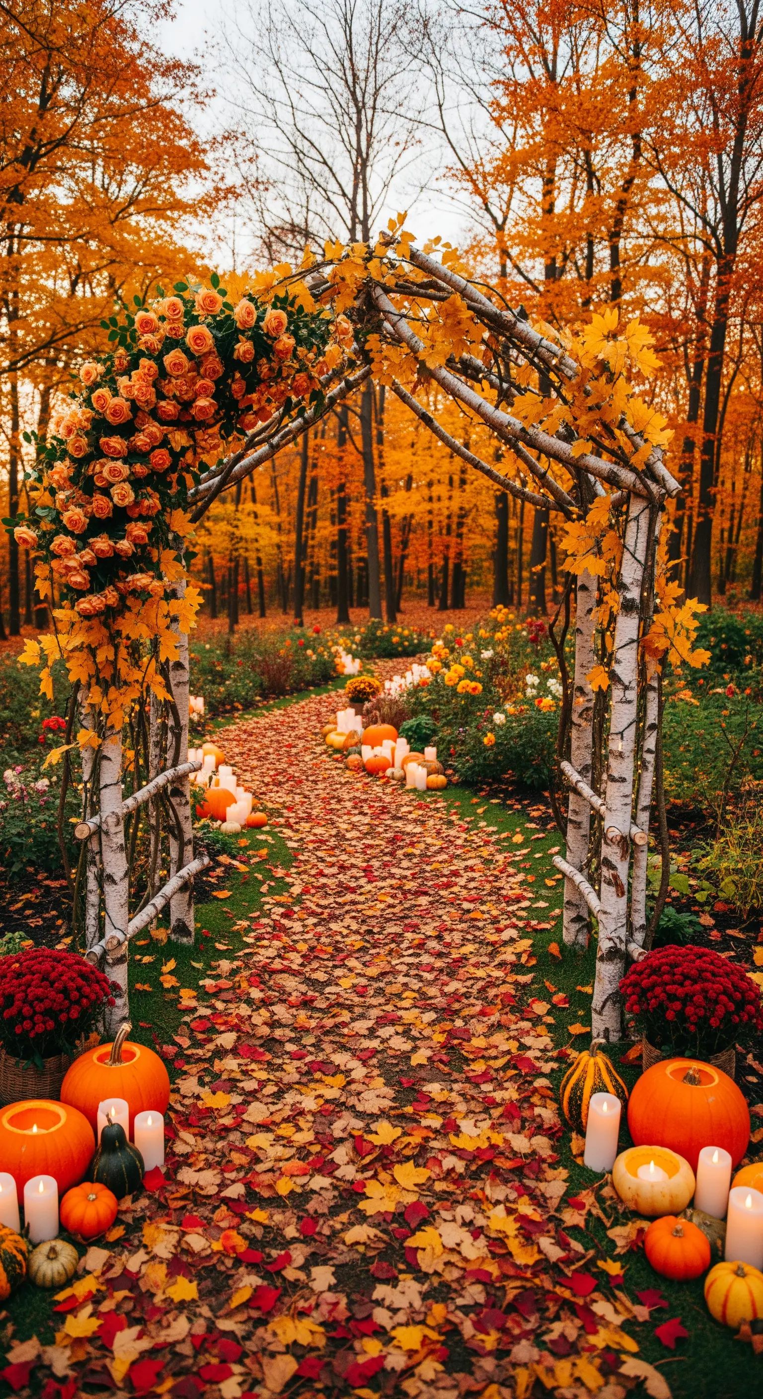 Arco autunnale con rami di betulla, rose arancioni, foglie e zucche, su un sentiero coperto di foglie.