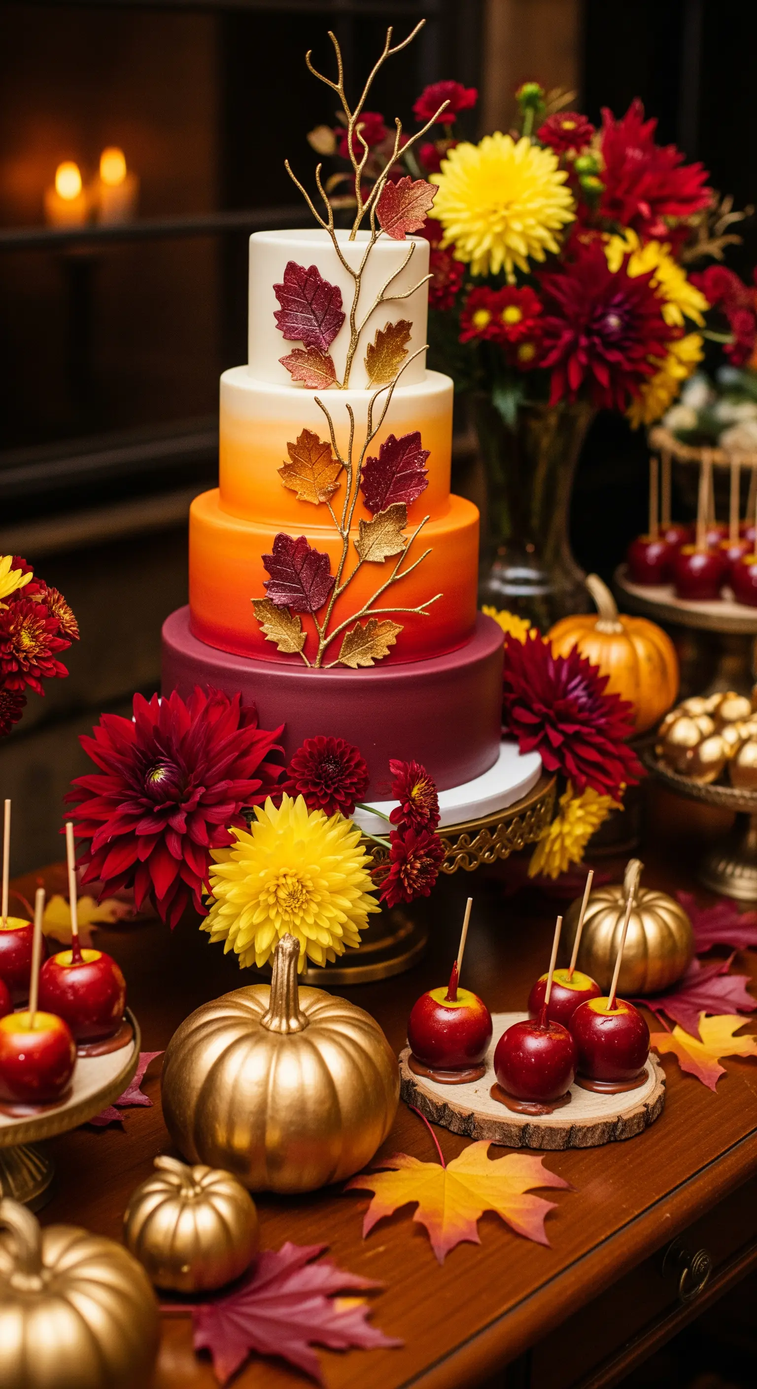 Tavolo autunnale con torta sfumata, zucche dorate, mele caramellate e dalie rosse.