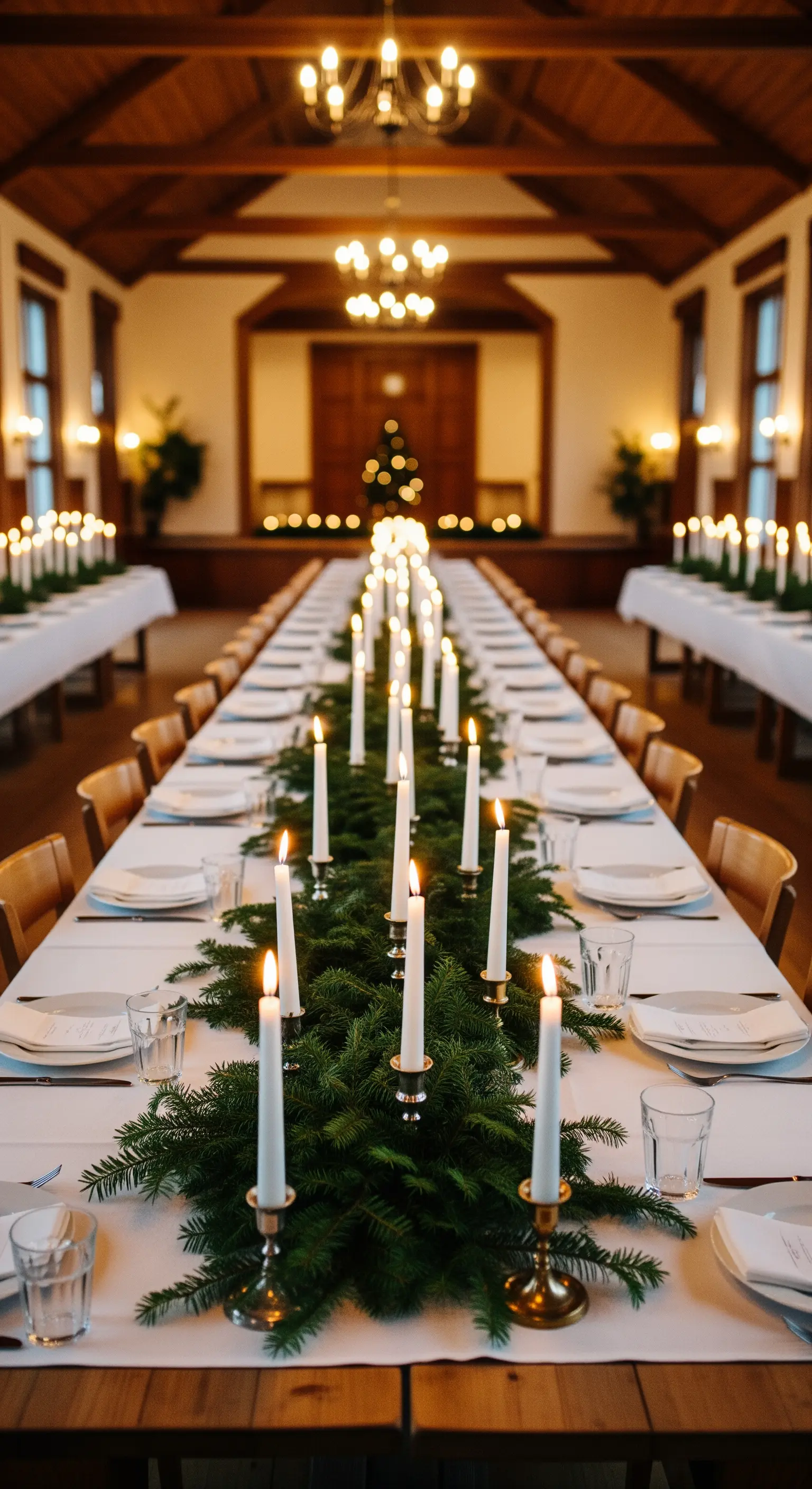 Allestimento per un banchetto natalizio con lunghe tavolate, ghirlande e candele.