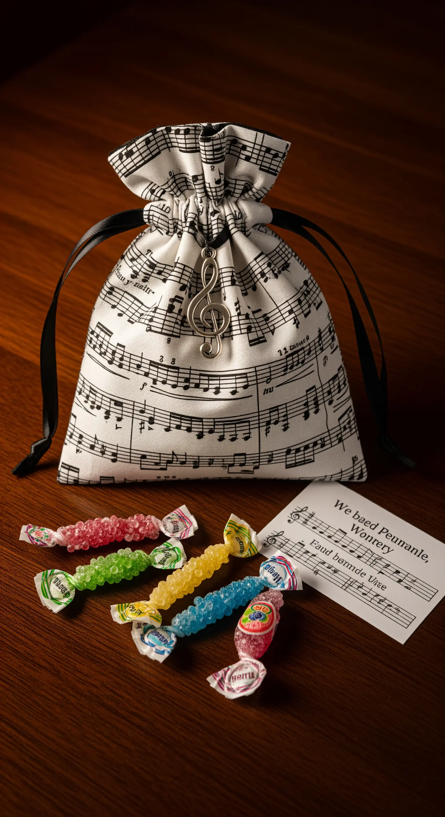 Sacchetto con stampa di spartito musicale, ciondolo a chiave di violino e caramelle colorate.