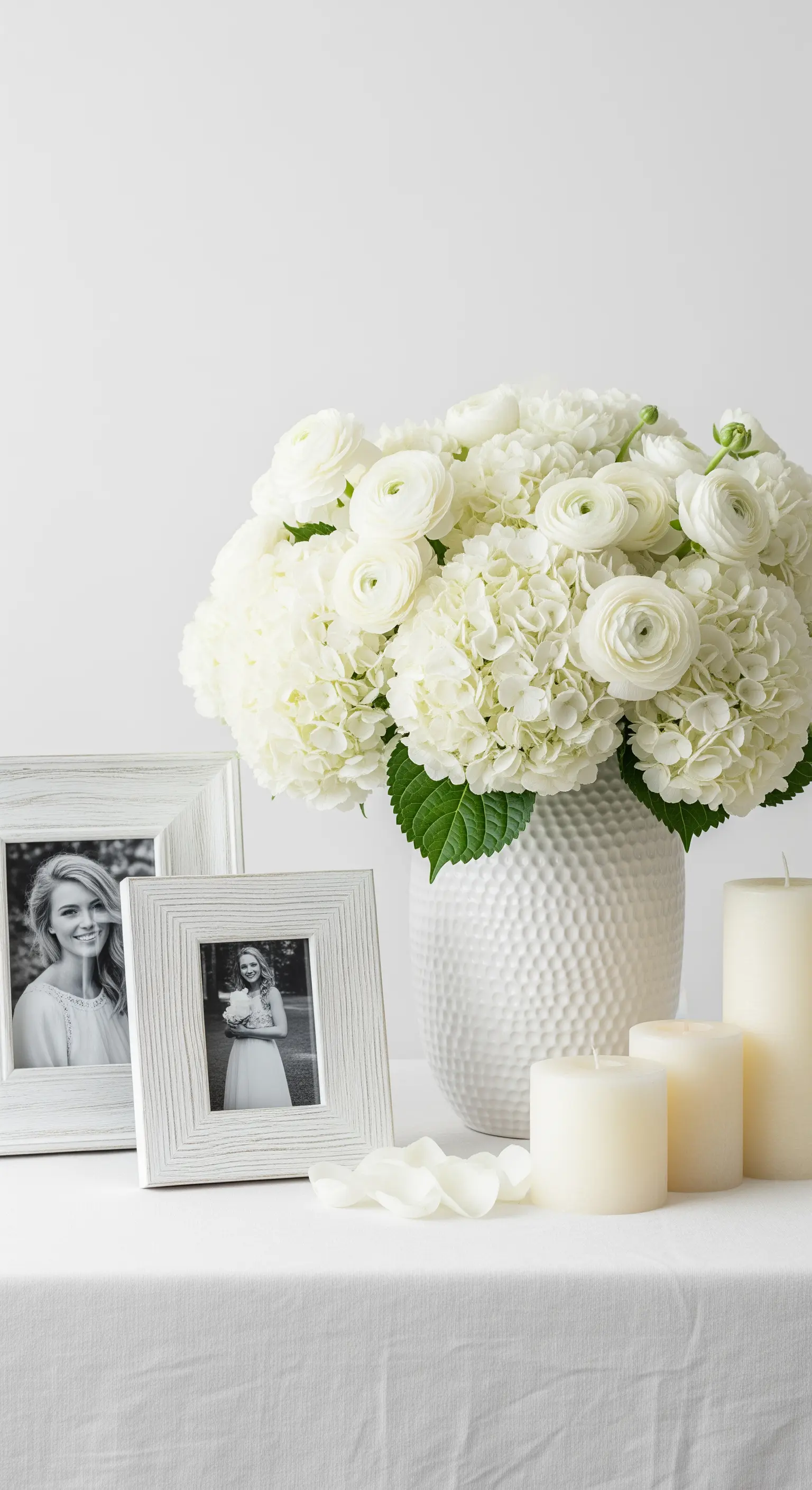 Composizione total white con ortensie e ranuncoli, cornici bianche e candele color avorio.