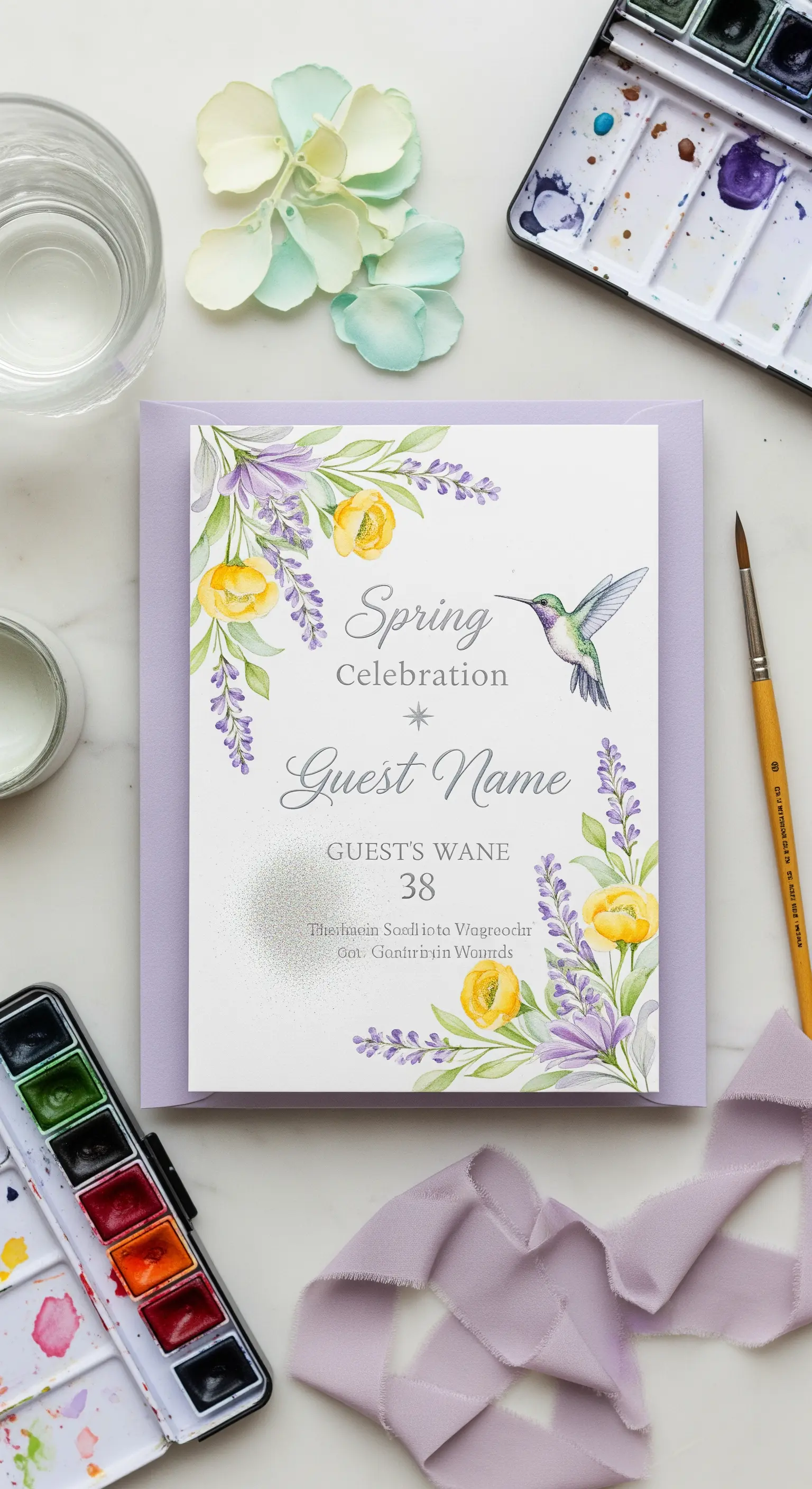 Invito primaverile con cornice di lavanda e fiori gialli dipinti ad acquerello e un colibrì.