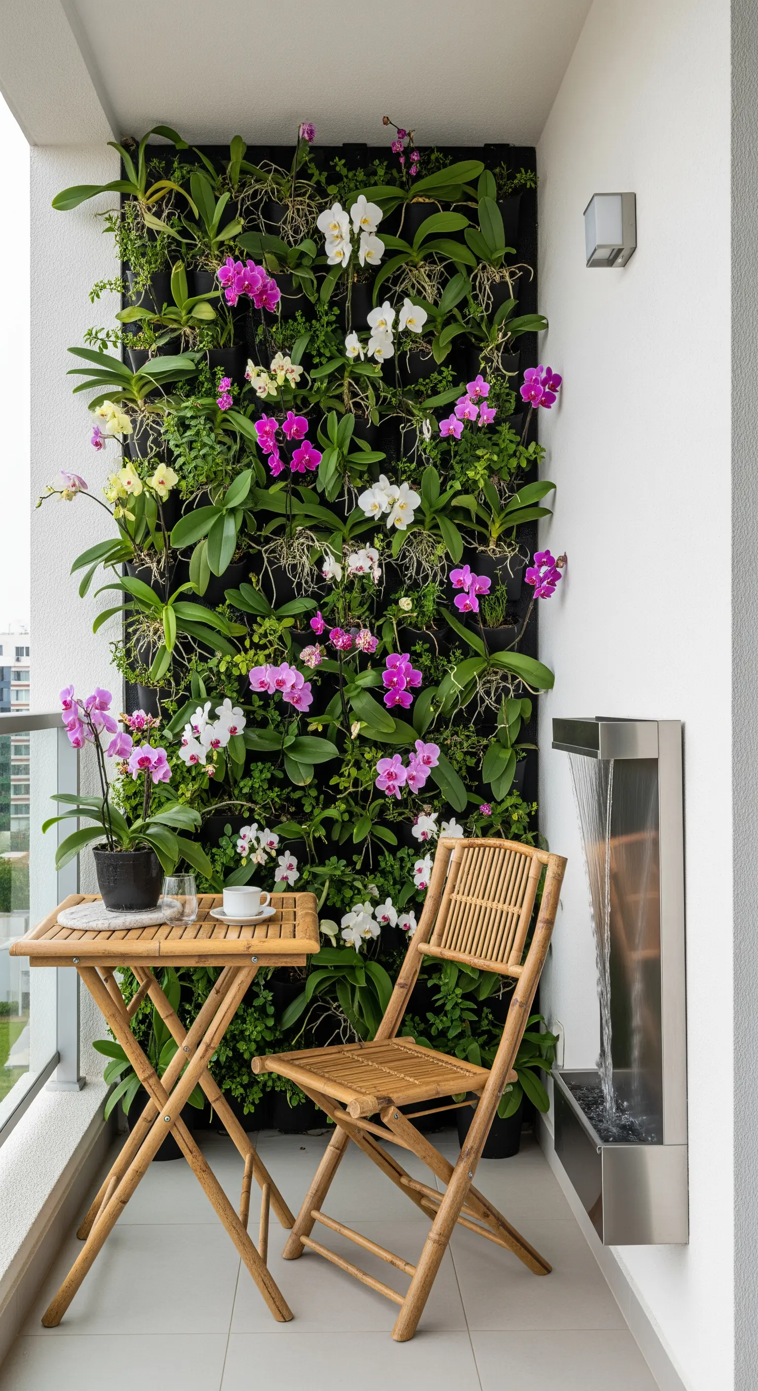 Balcone con parete verticale di orchidee e una stretta cascata in acciaio.