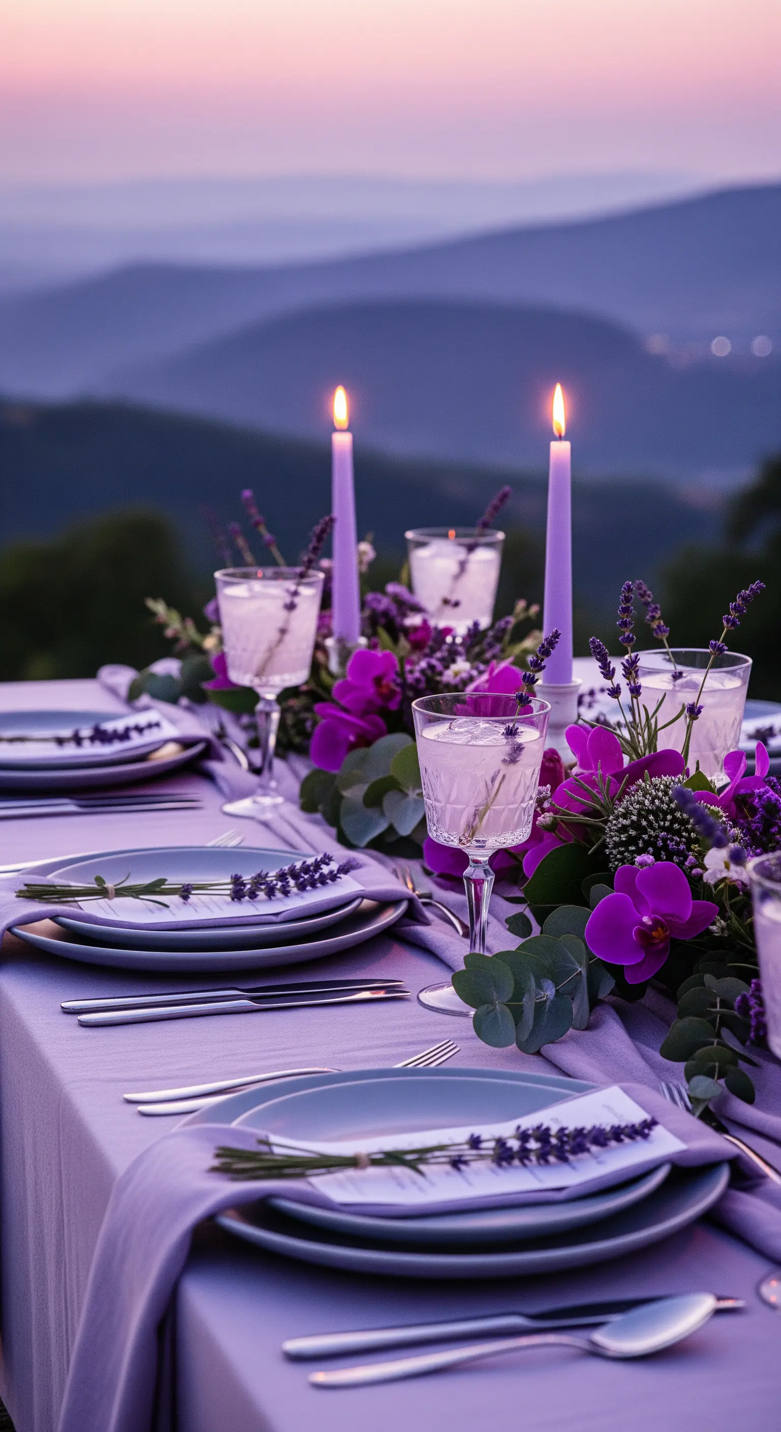 Tavola apparecchiata in tonalità viola e lavanda con candele e fiori freschi.