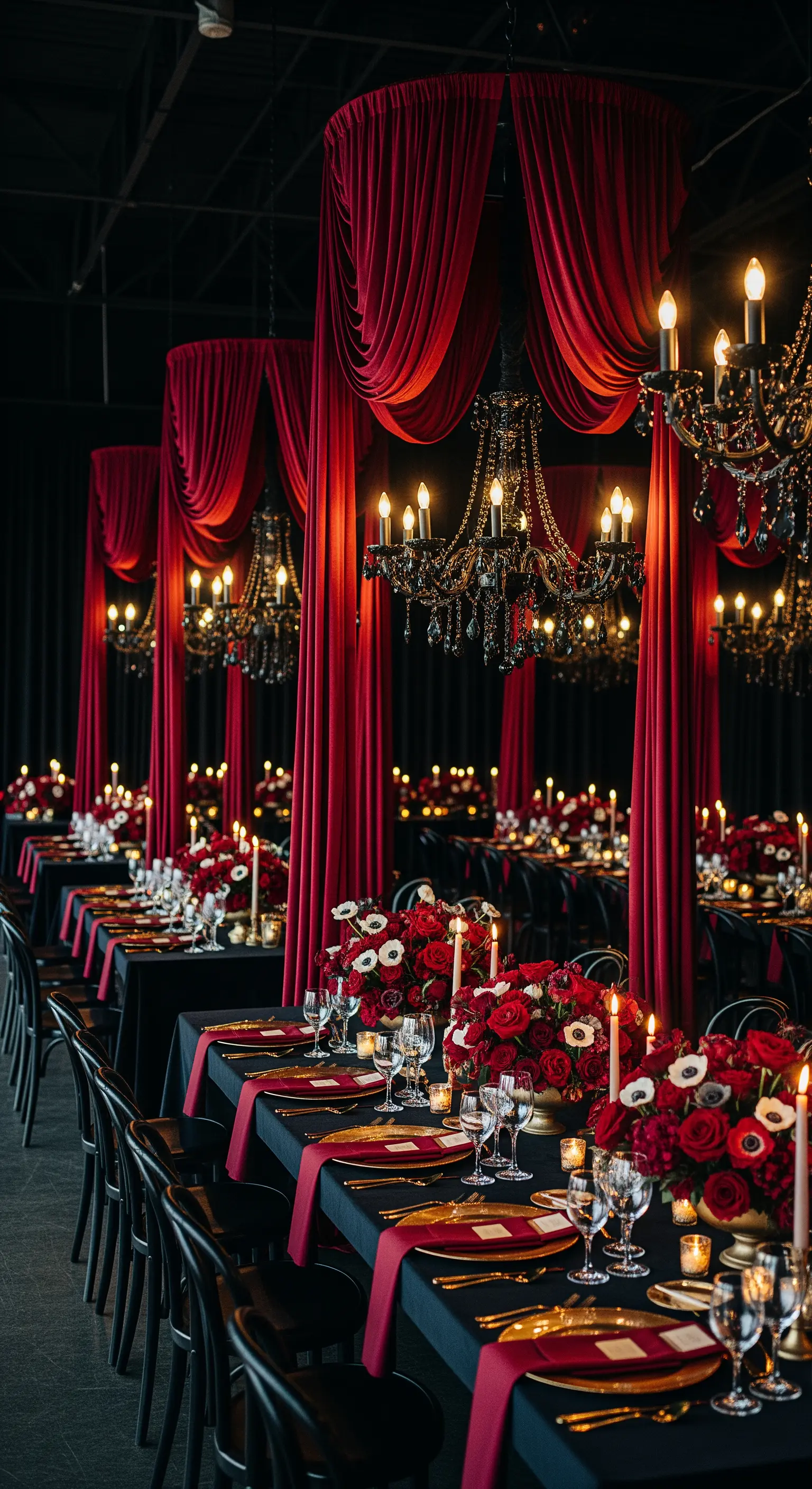 Tavoli lunghi con tovaglie nere, decorati con fiori rossi e separati da tende di velluto rosso.