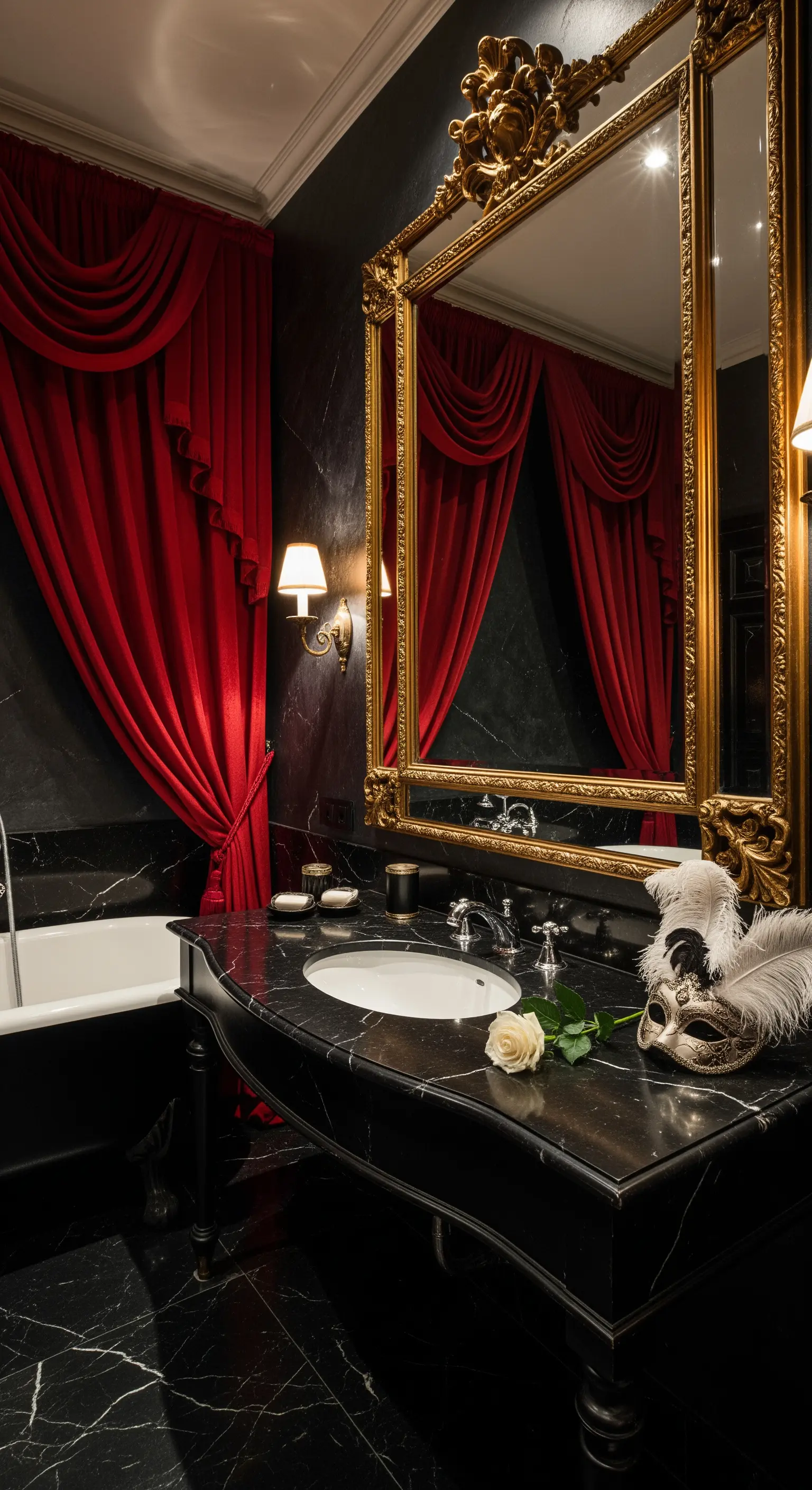 Bagno con pareti in marmo nero, tenda in velluto rosso e una maschera veneziana