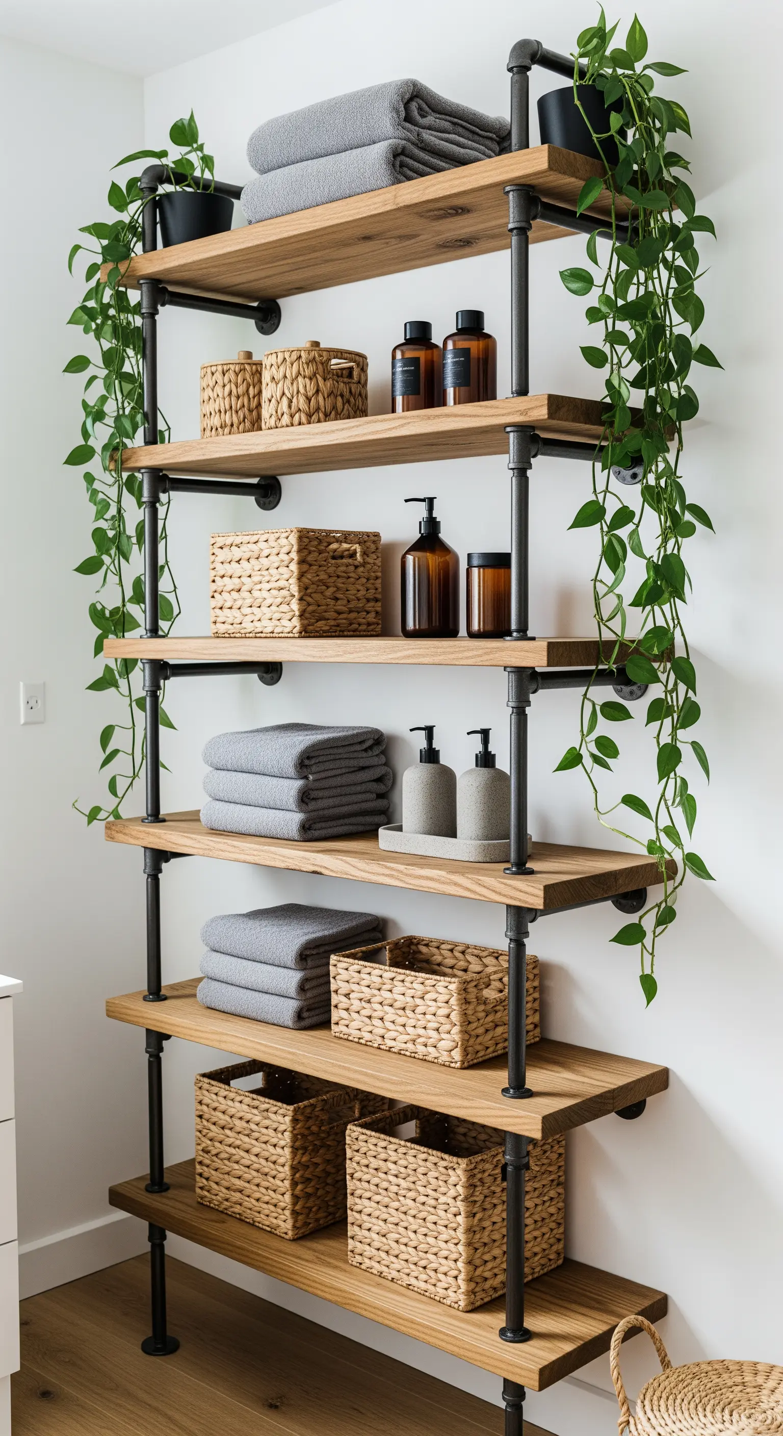 Scaffalatura in stile industriale con tubi neri e mensole in legno.