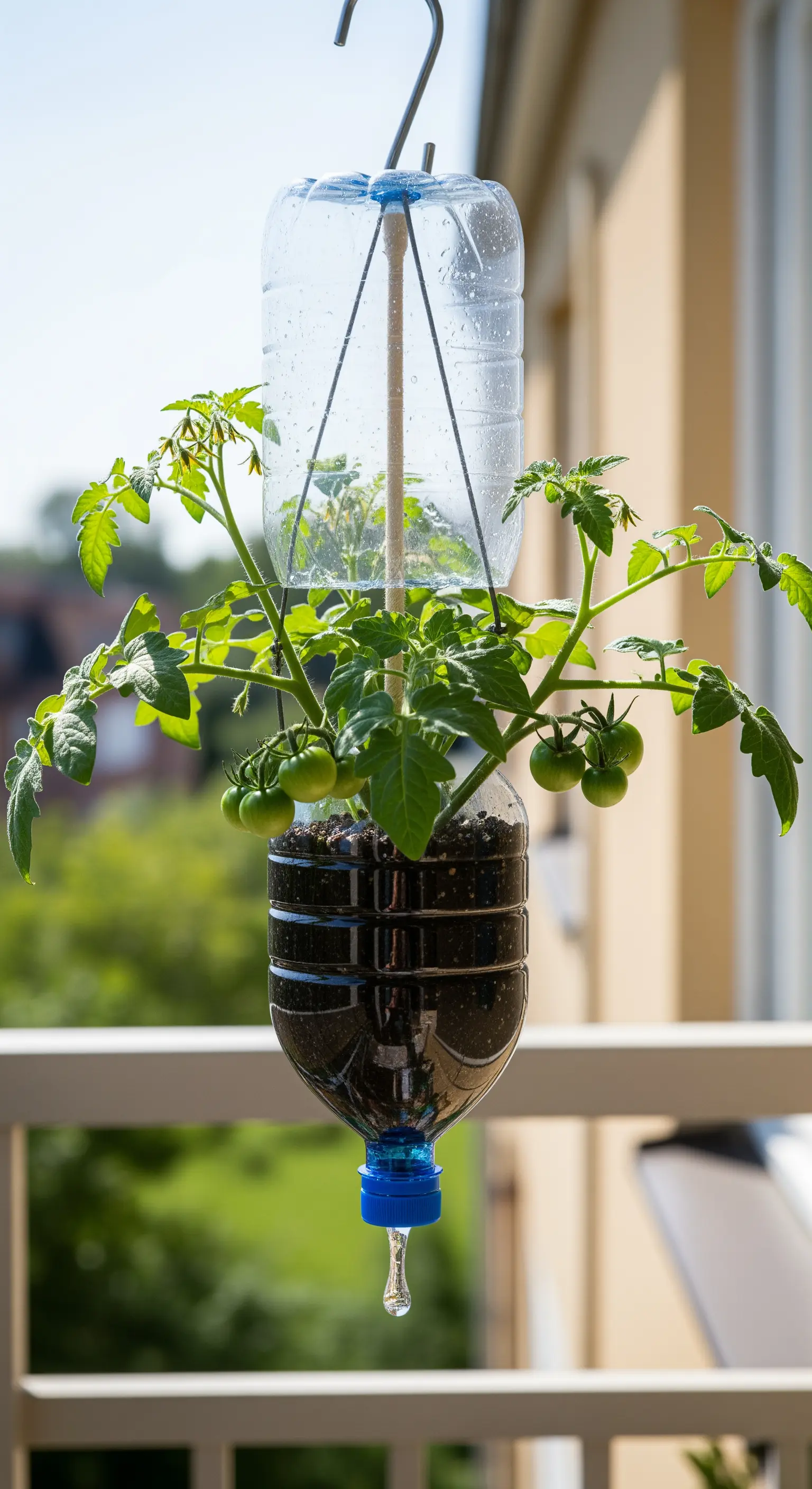 Fioriera auto-irrigante fai-da-te, realizzata con una bottiglia di plastica per coltivare pomodori.