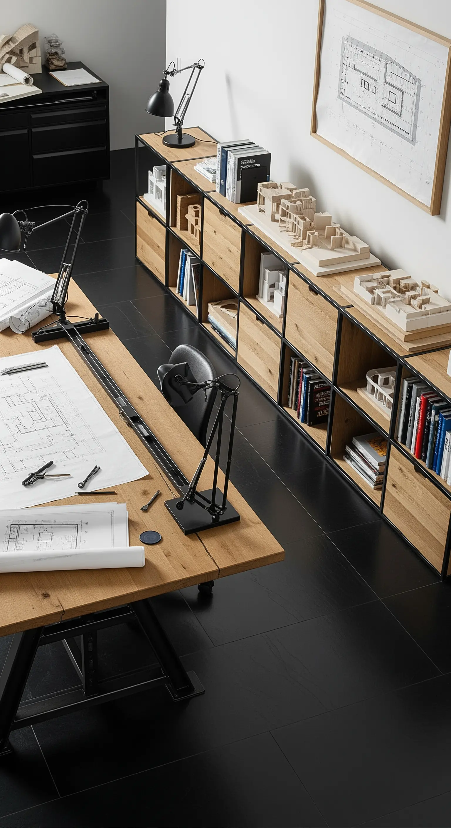 Studio di architettura con sistema di archiviazione modulare in legno e metallo nero e ampio tavolo da lavoro.