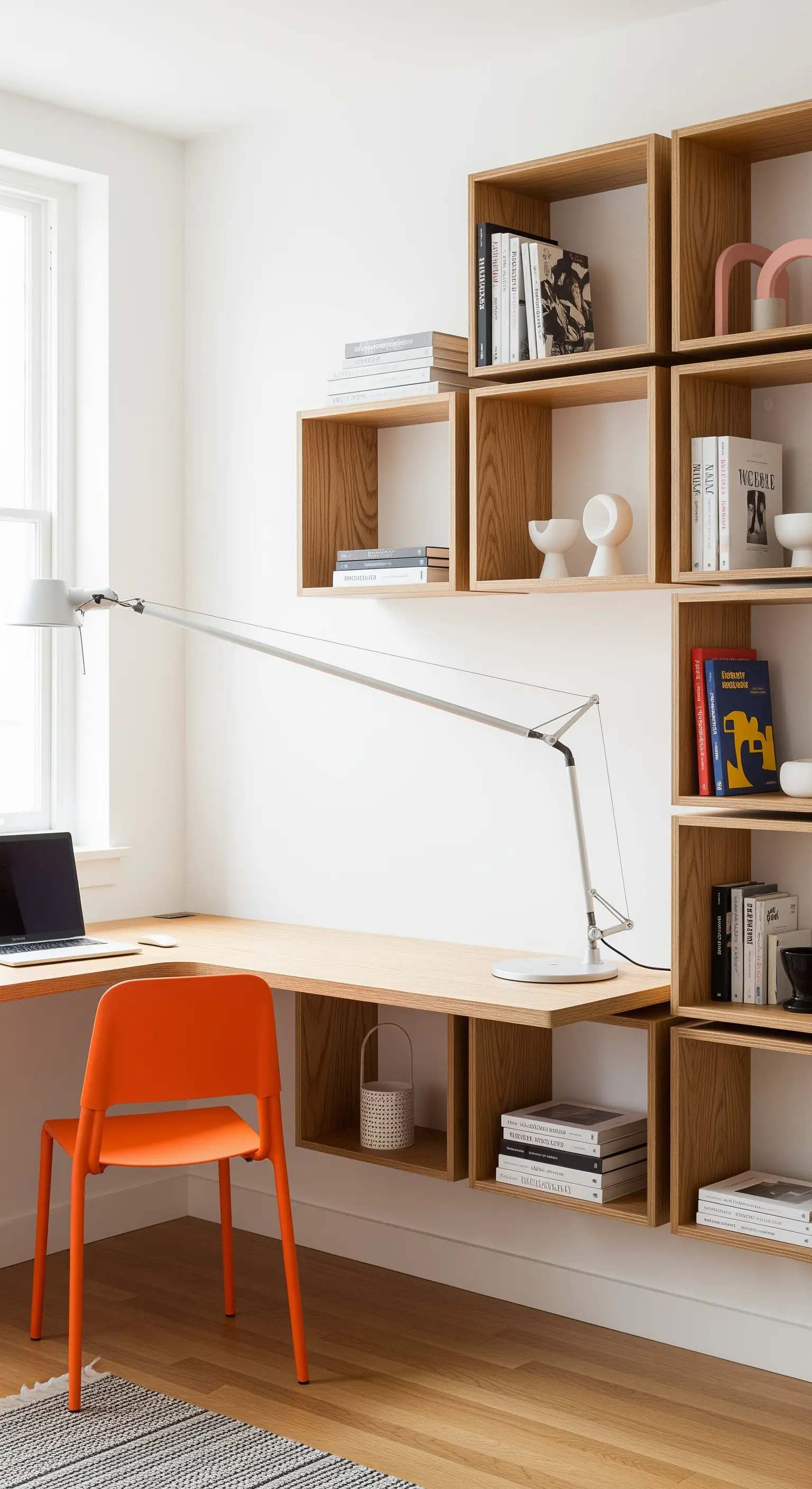 Scrivania integrata in una libreria modulare in legno, con sedia arancione.