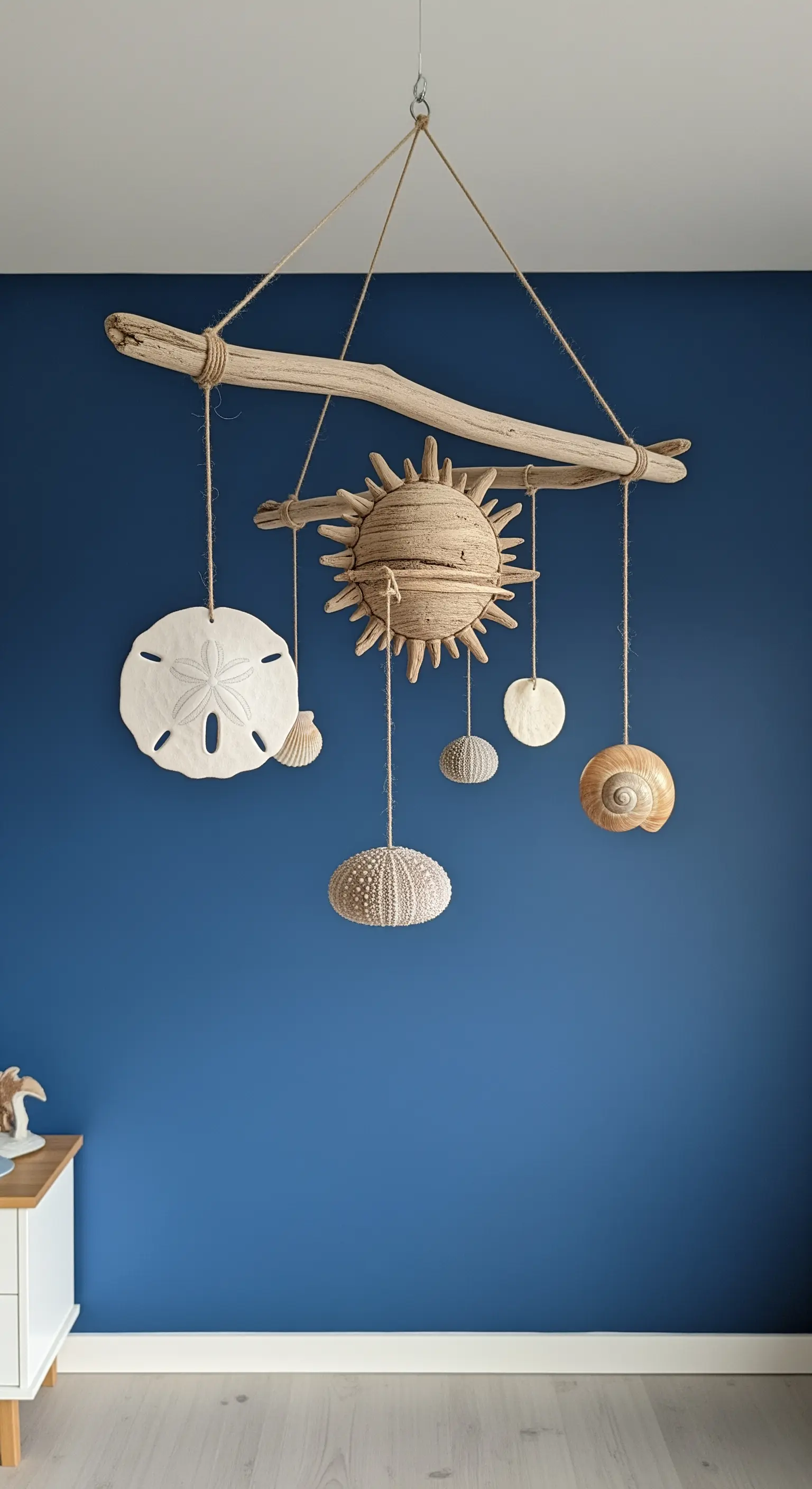 Mobile a tema marino con legno, dollaro di sabbia, ricci e un sole di sabbia.