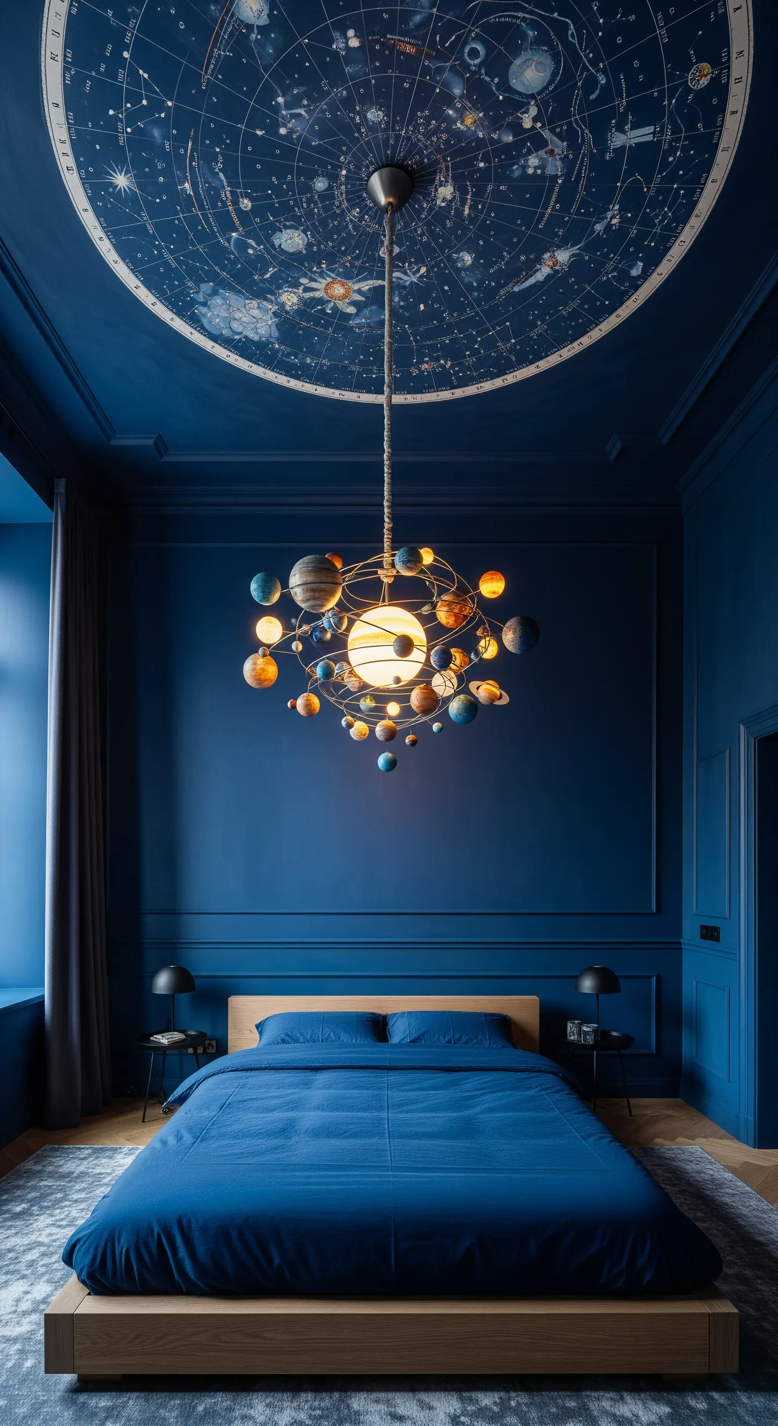 Lampadario a forma di sistema solare in una camera da letto blu con soffitto a tema astronomico.