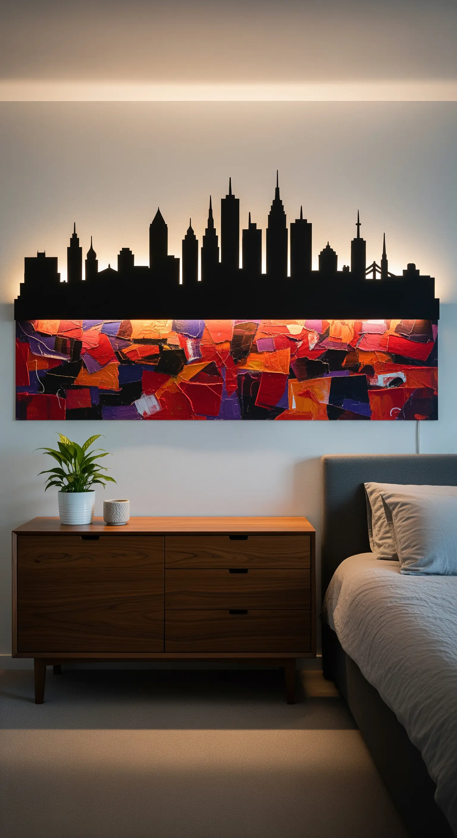 Silhouette di uno skyline nero con retroilluminazione a LED, montata sopra un collage astratto colorato.