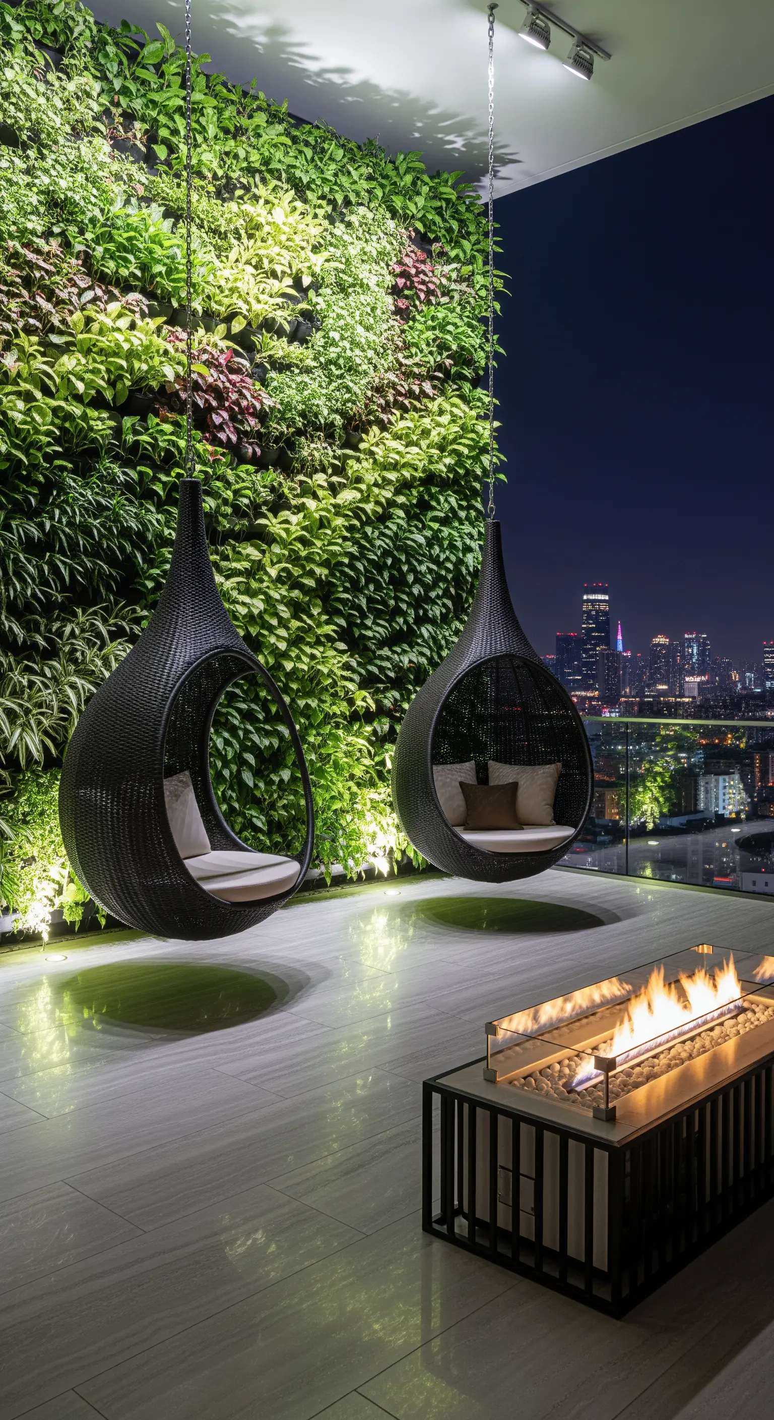 Due poltrone sospese nere su un terrazzo con parete verde, braciere e vista sulla città di notte.