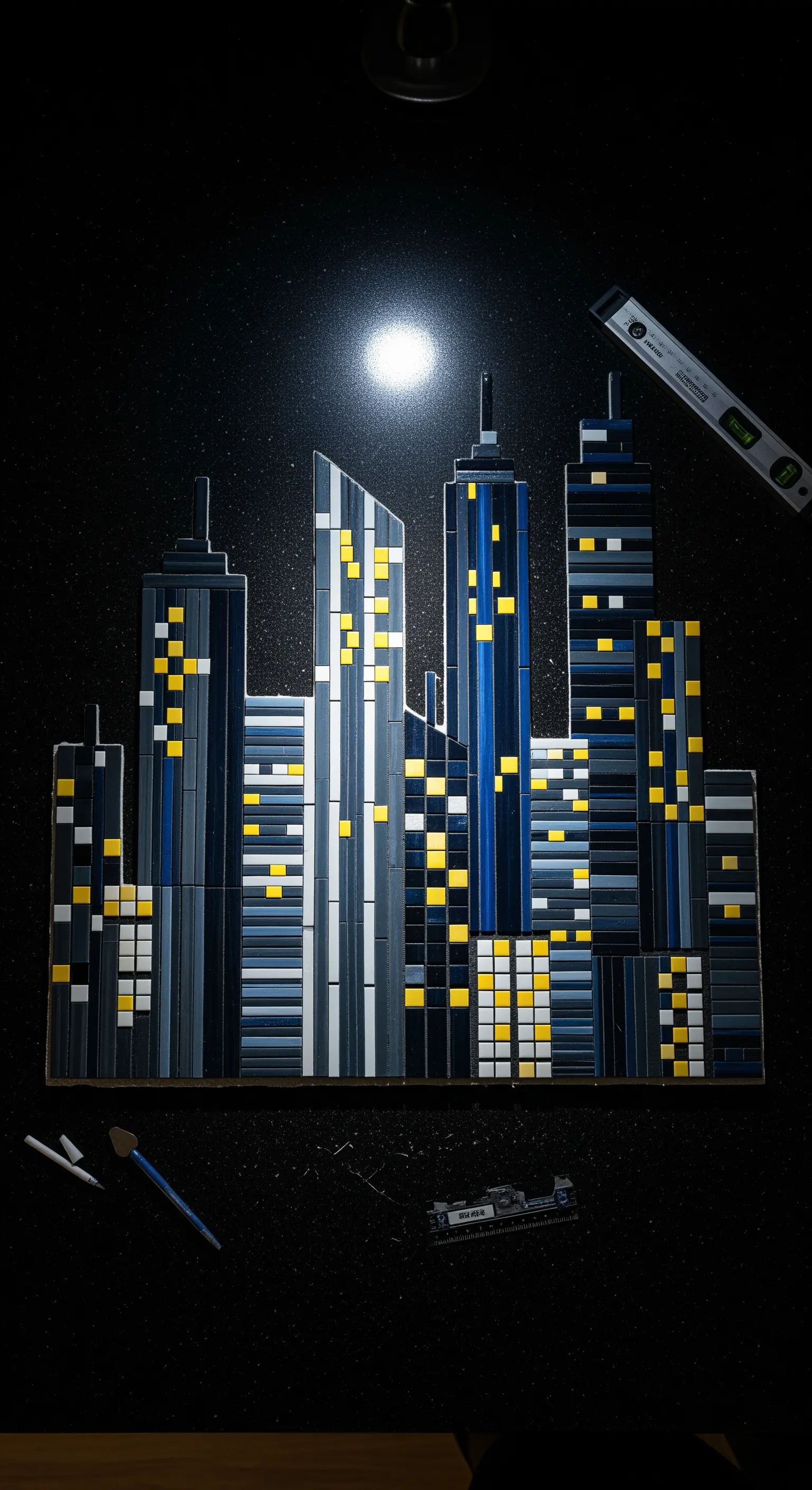Mosaico dello skyline di una città di notte, con grattacieli scuri e finestre gialle illuminate.
