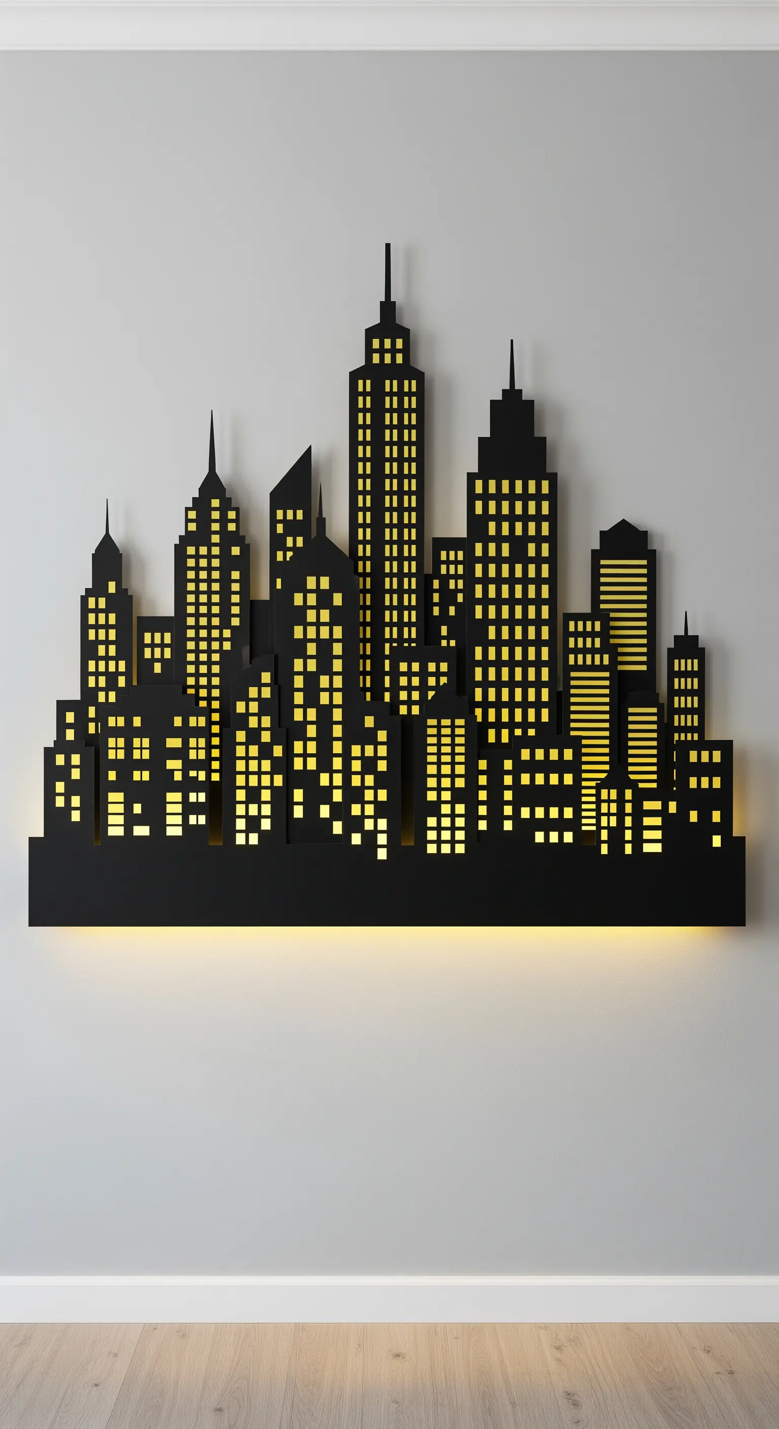 Silhouette nera di una città con finestre illuminate da luci LED, appesa a una parete grigia.