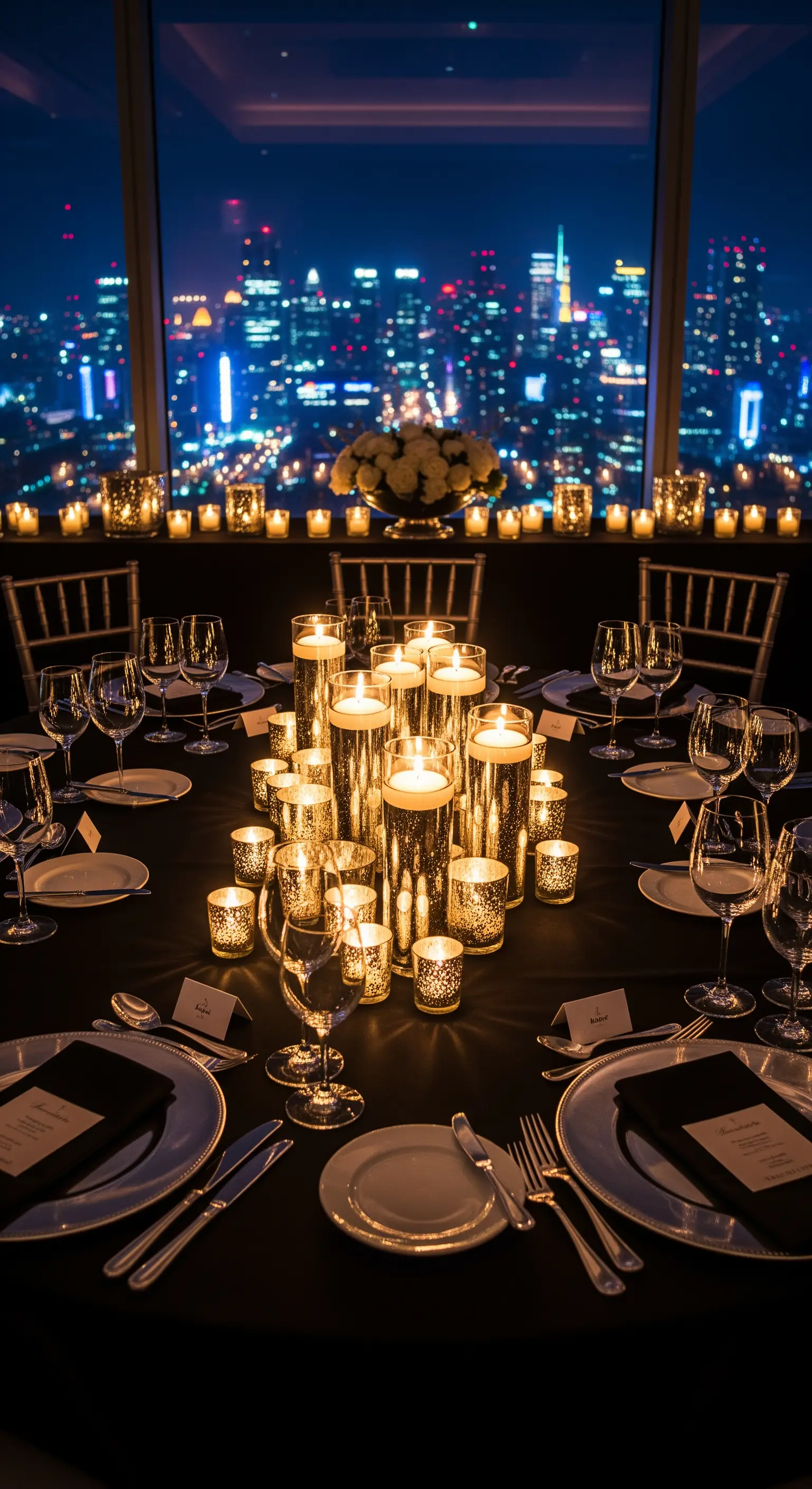 Tavola di Capodanno con centrotavola di candele e vista su uno skyline notturno.
