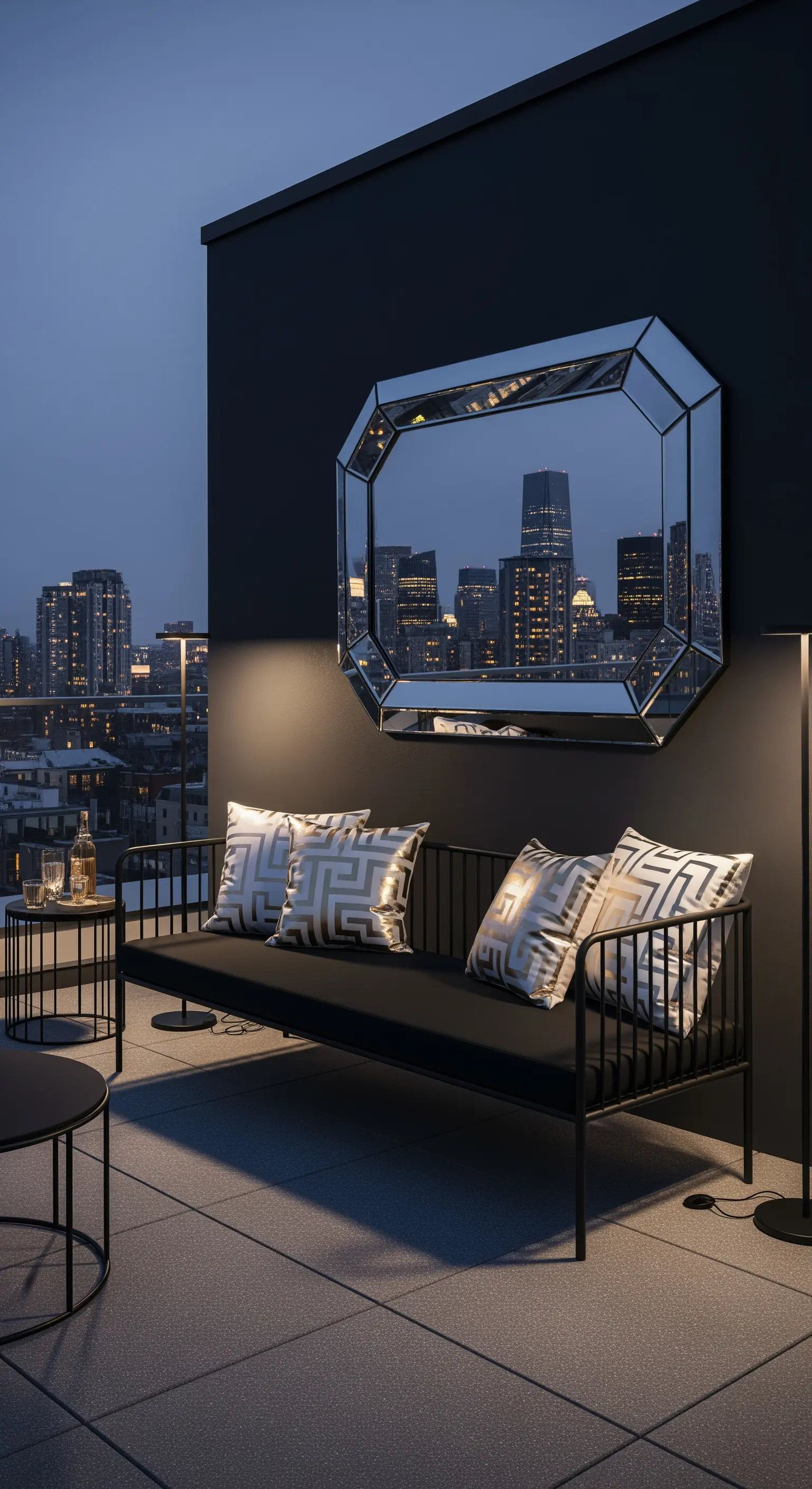 Terrazza moderna con parete nera, specchio ottagonale e vista sullo skyline.