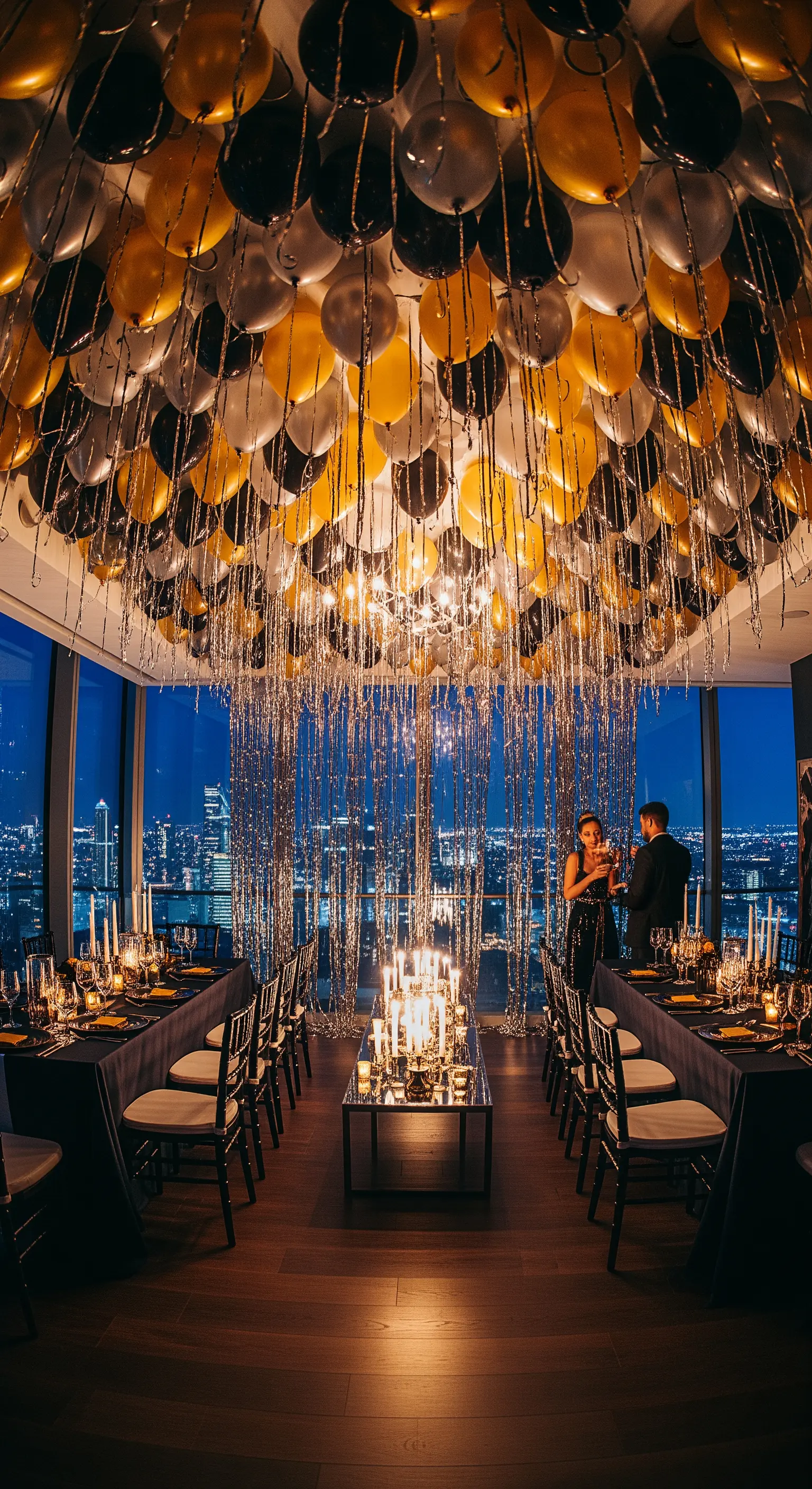 Soffitto coperto di palloncini oro e neri con frange argentate sopra una cena elegante.