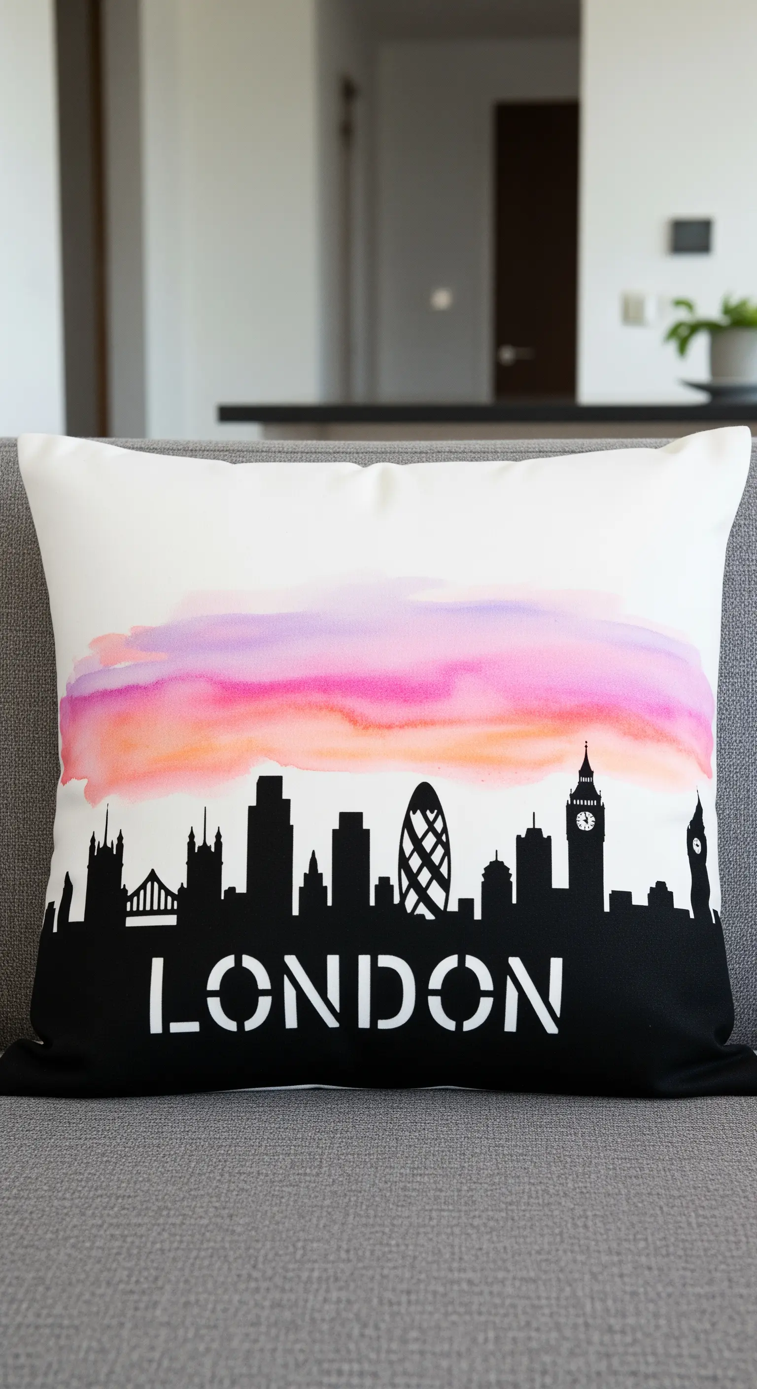 Cuscino con la silhouette nera dello skyline di Londra e un cielo rosa-viola ad acquerello.