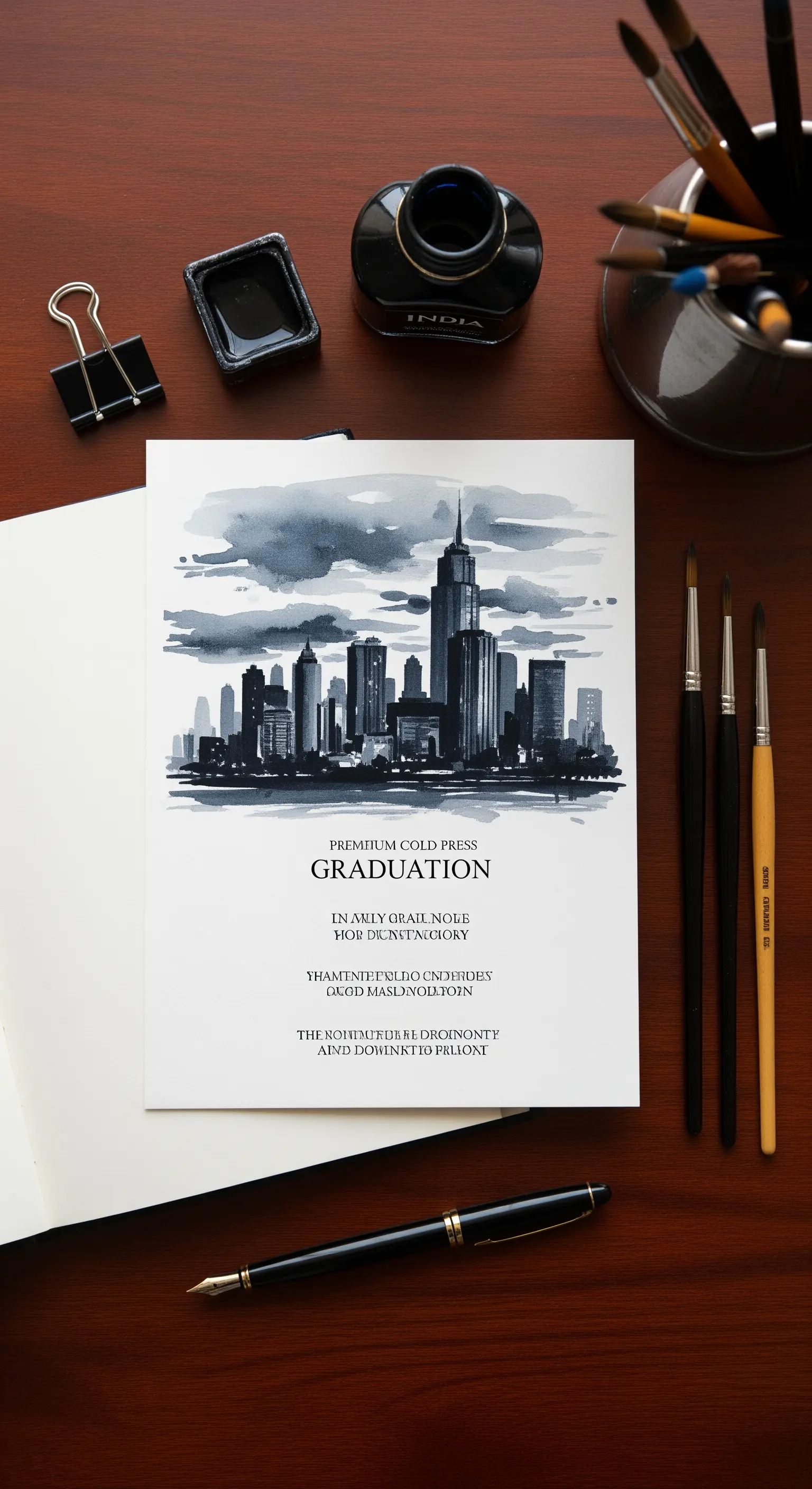 Invito per una laurea con lo skyline di una città dipinto in acquerello monocromatico.