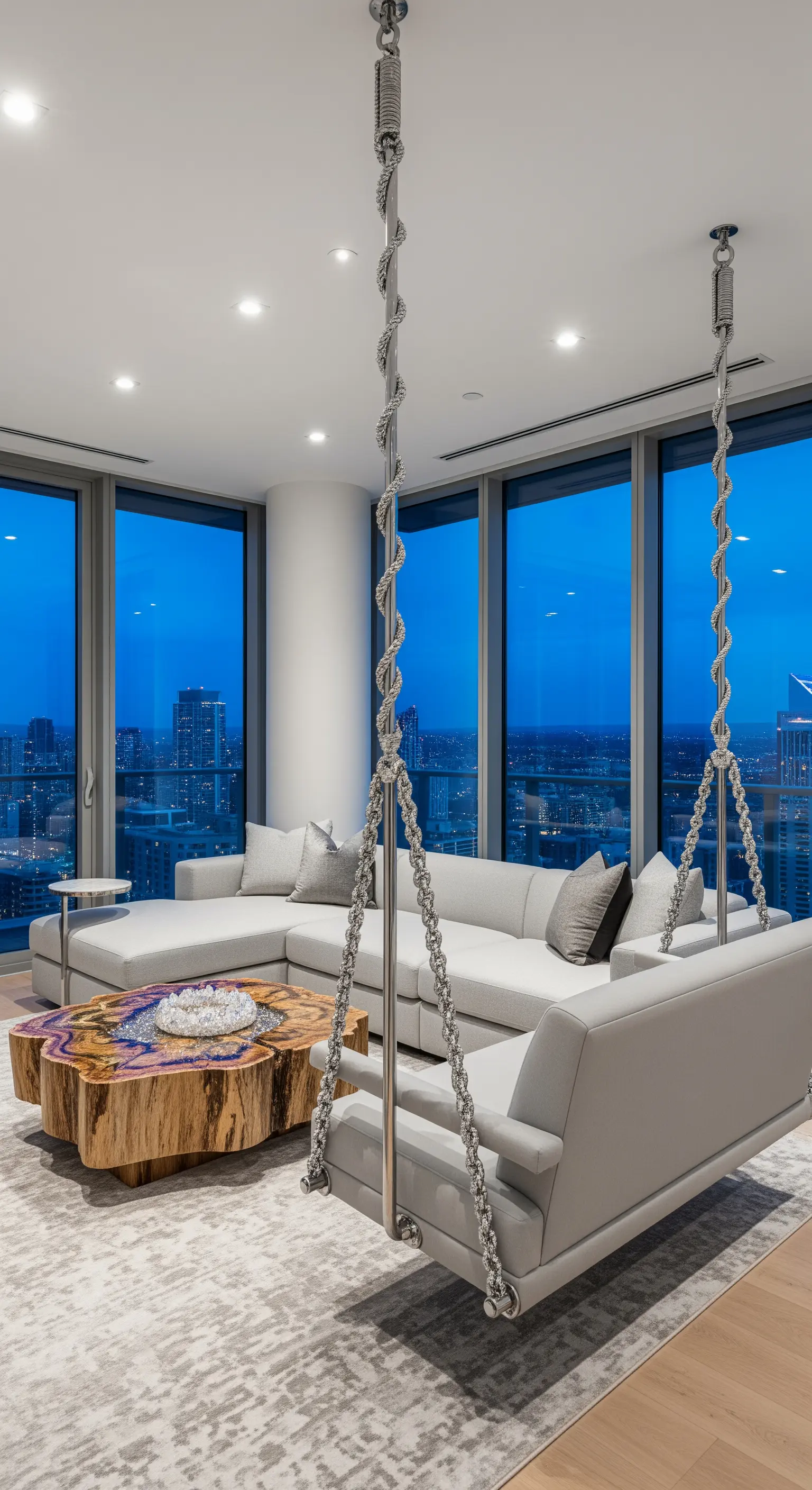 Divano sospeso in pelle grigia con corde d'acciaio in un attico con vista sulla città.