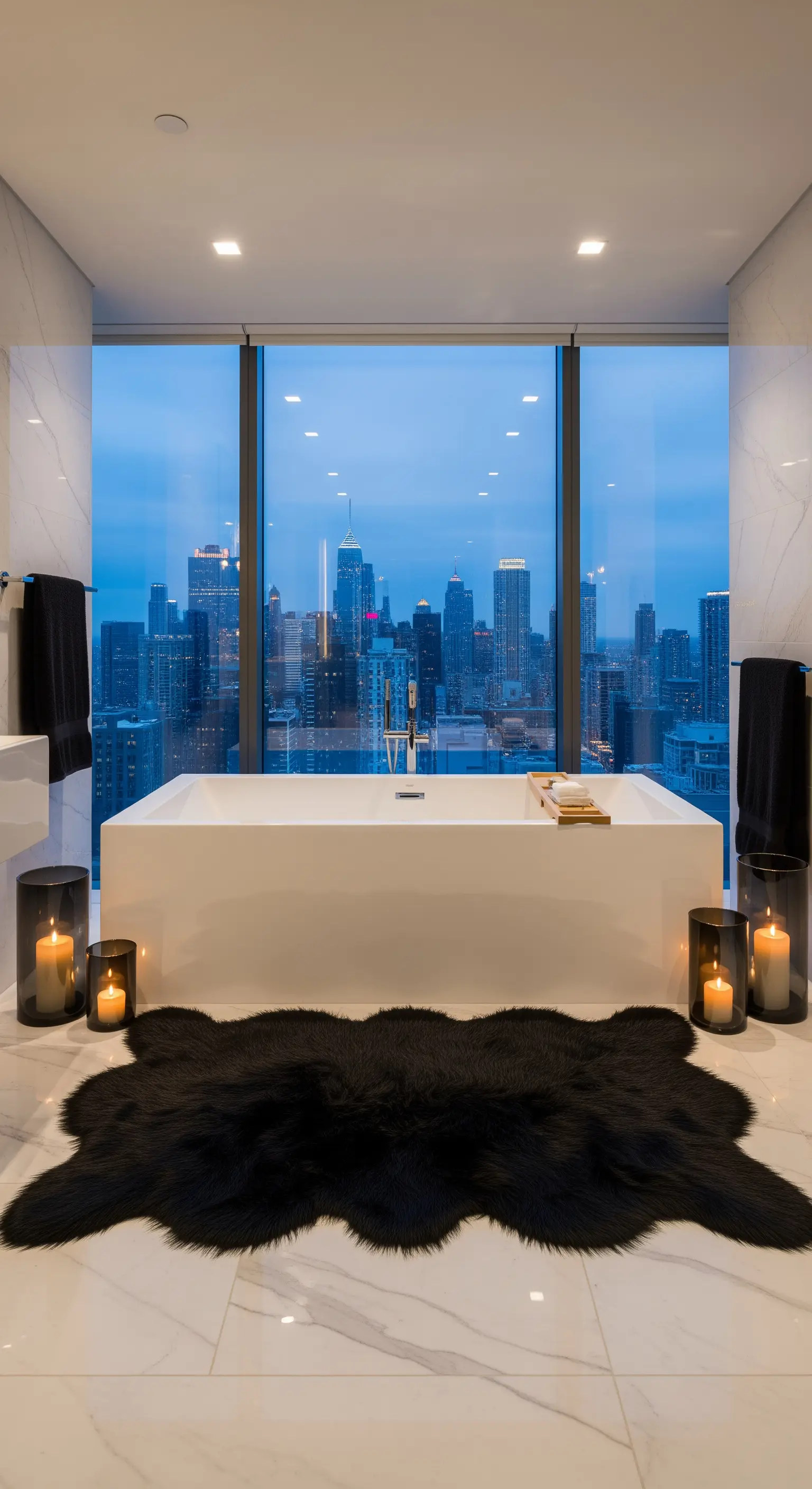Bagno moderno con vista panoramica sulla città, vasca bianca e tappeto nero in pelliccia.