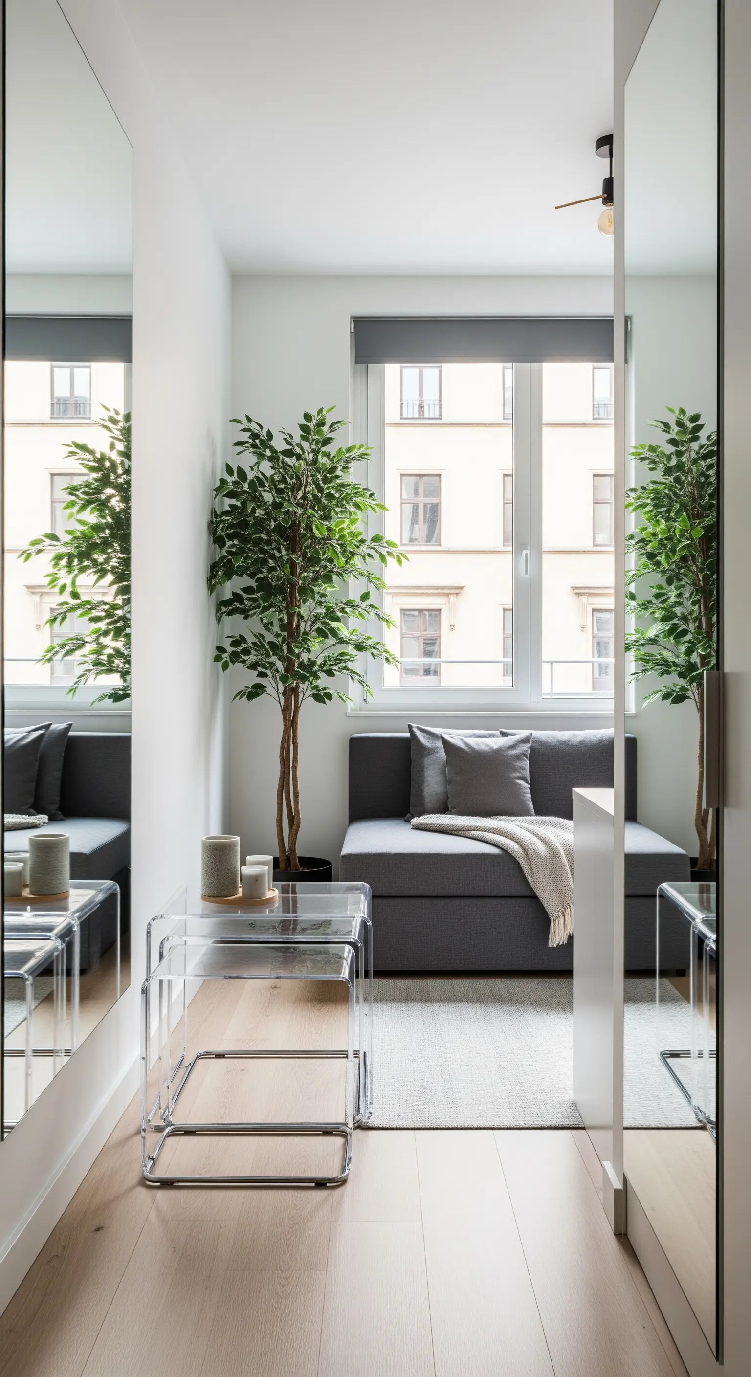 Un Ficus benjamina in un angolo di un piccolo soggiorno con pareti a specchio.