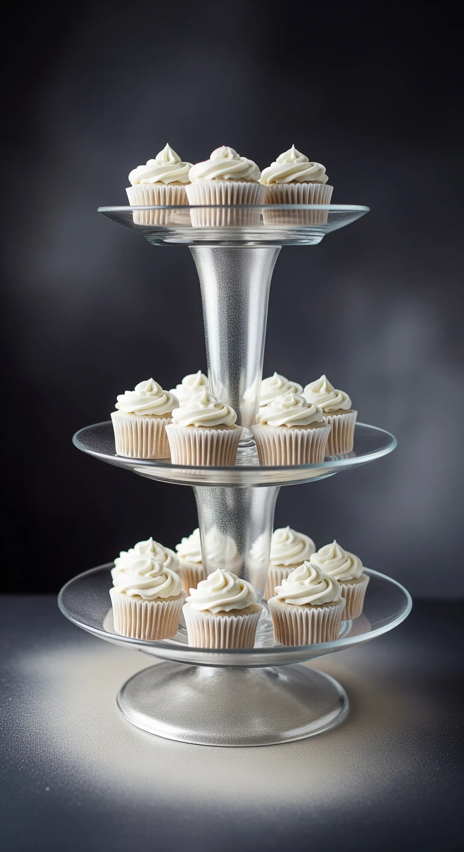 Alzata a tre piani per cupcake realizzata con piatti e vasi in vetro trasparente