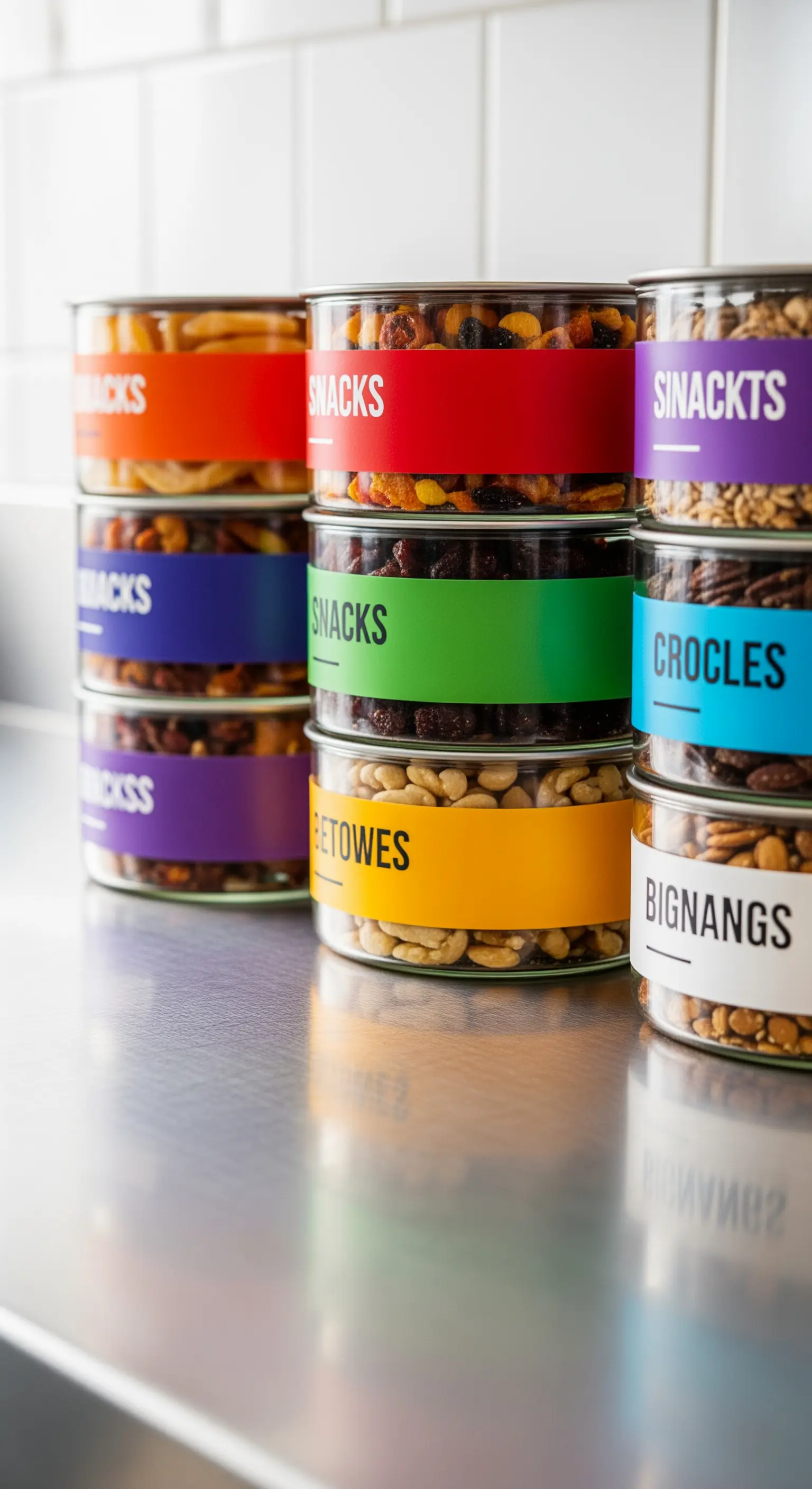Barattoli di vetro impilabili per snack con etichette a fascia colorate.