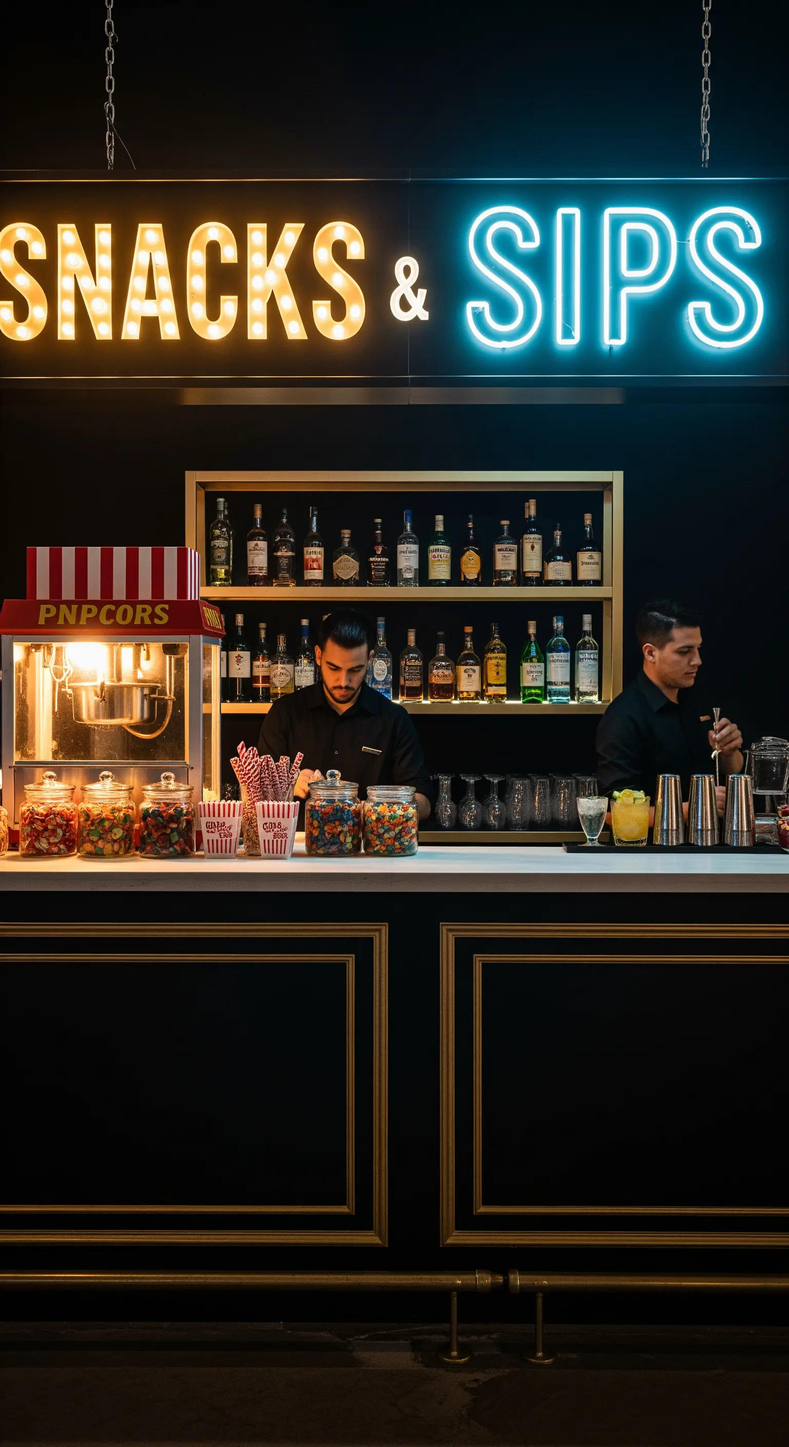 Bar in stile cinema con macchina dei popcorn, dolciumi e insegne luminose.