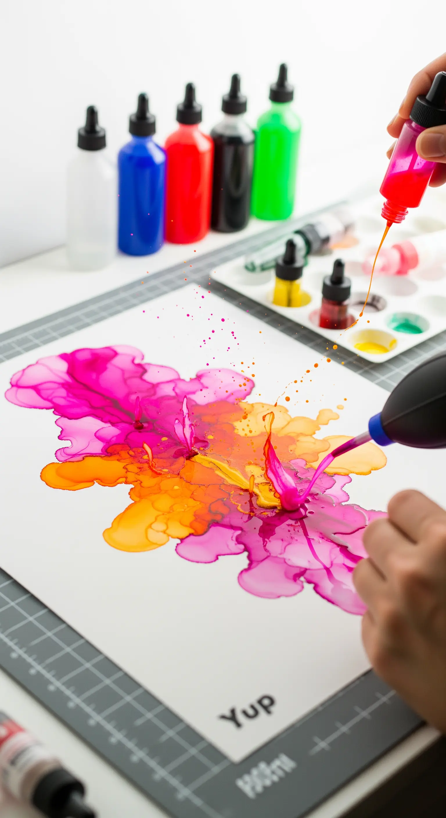 Pittura con inchiostri ad alcol, manipolando i colori con un soffietto per creare forme fluide.