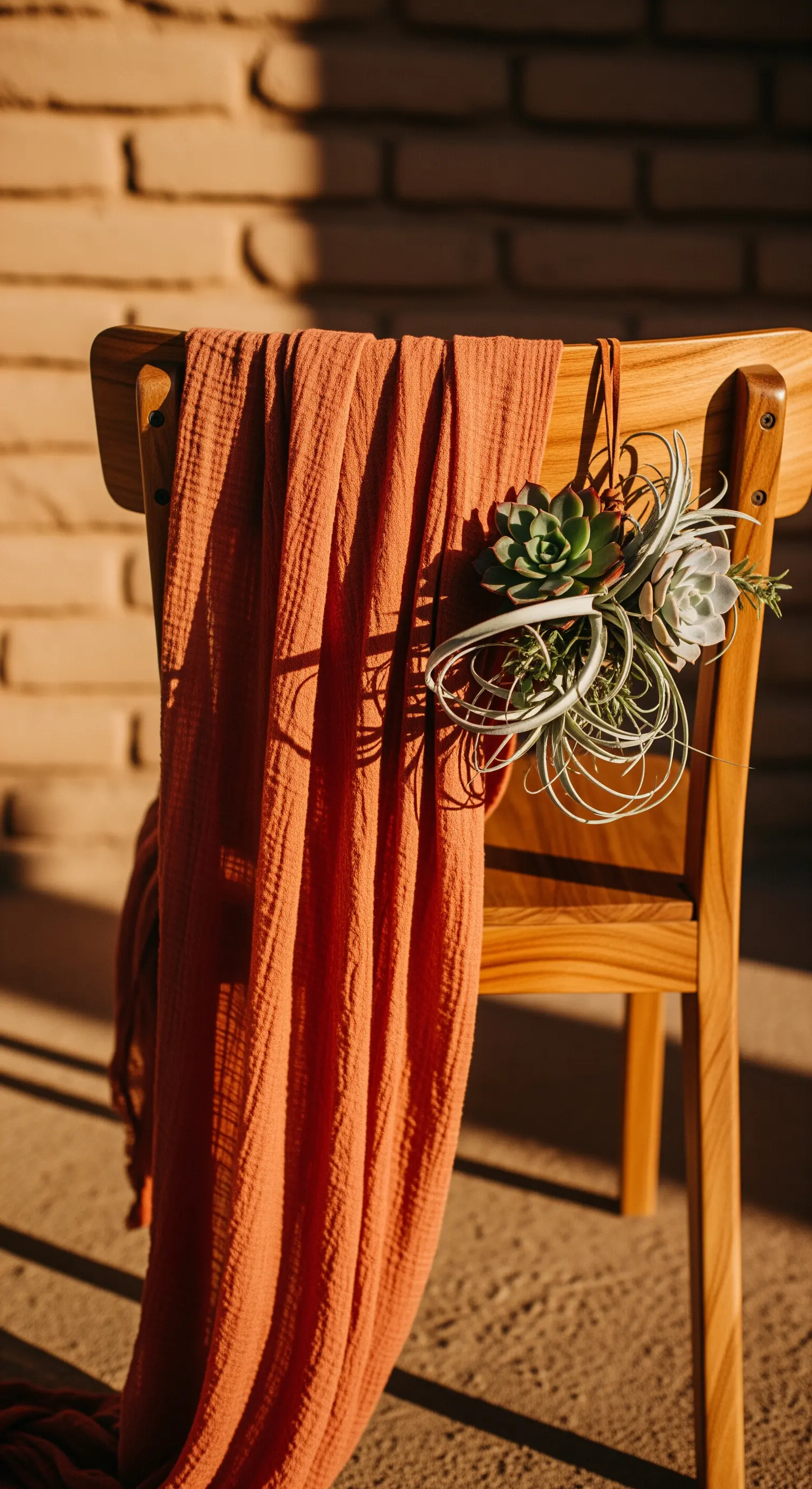 Sedia in legno con un drappo di garza color terracotta e una composizione di piante grasse e aeree.