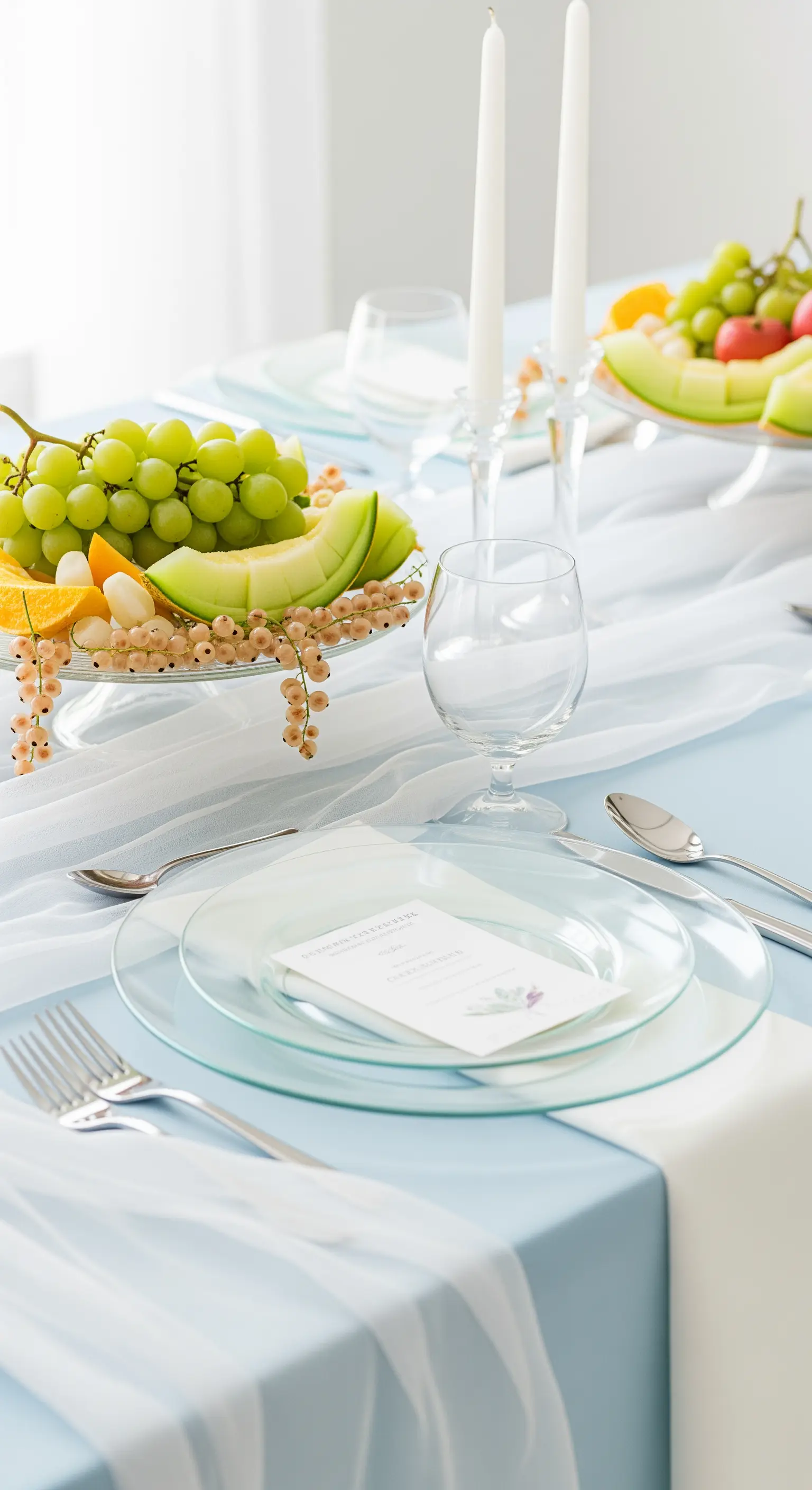 Tavola azzurro pastello con runner in voile bianco e frutta su alzatine di vetro.