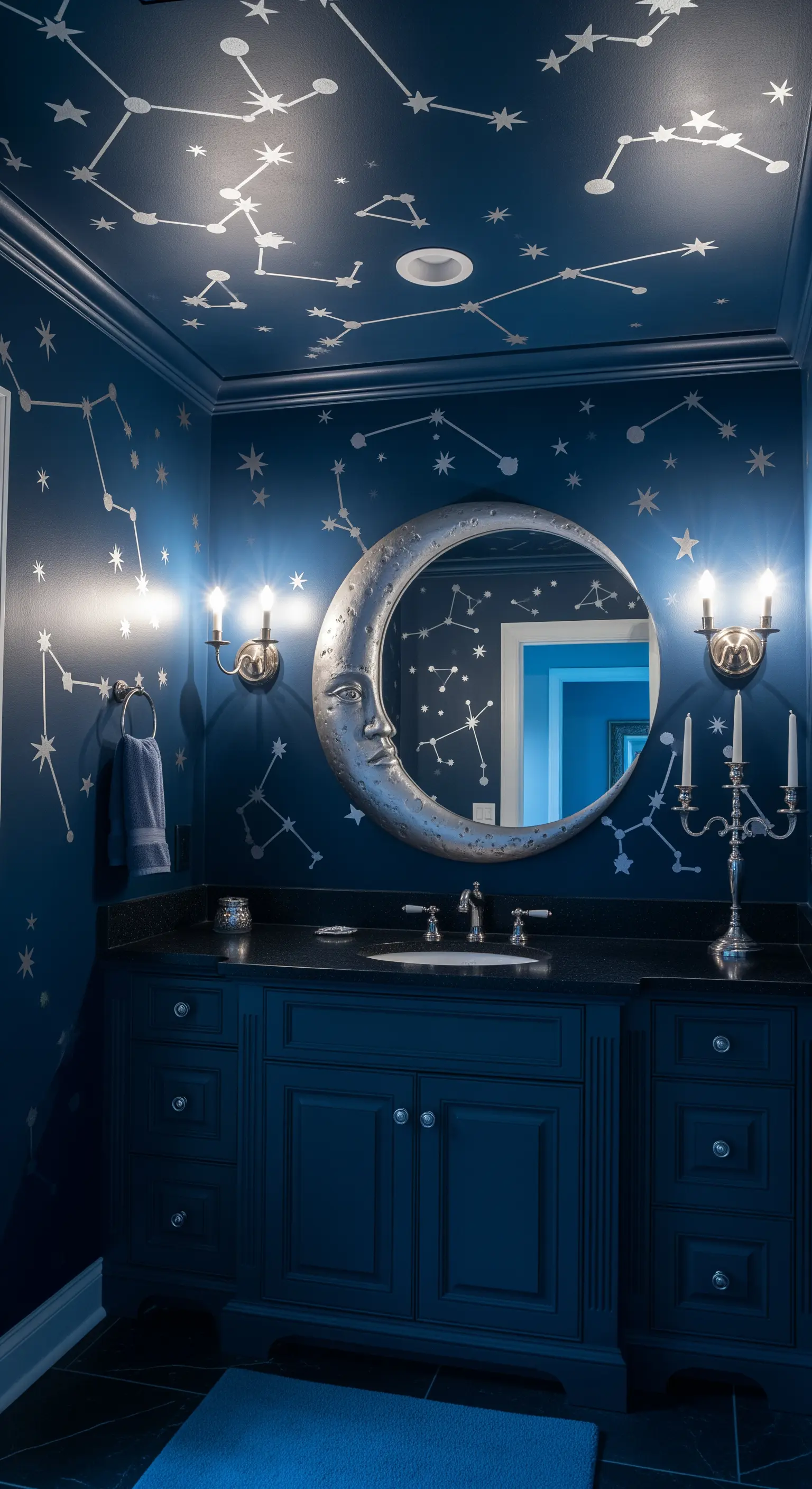 Bagno blu notte con costellazioni dipinte su pareti e soffitto e uno specchio a forma di luna