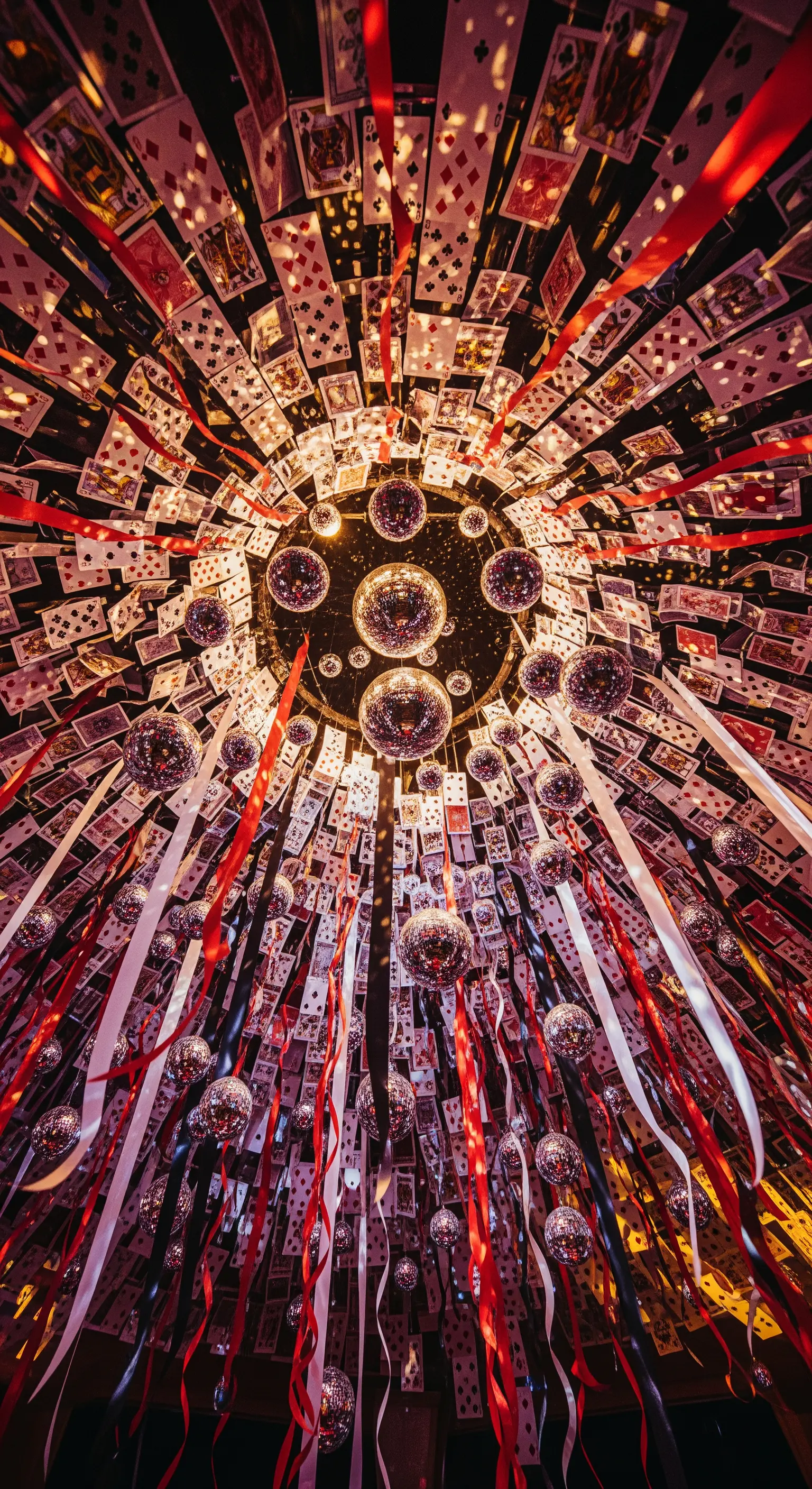 Soffitto decorato con carte da gioco, nastri rossi e bianchi e sfere da discoteca.