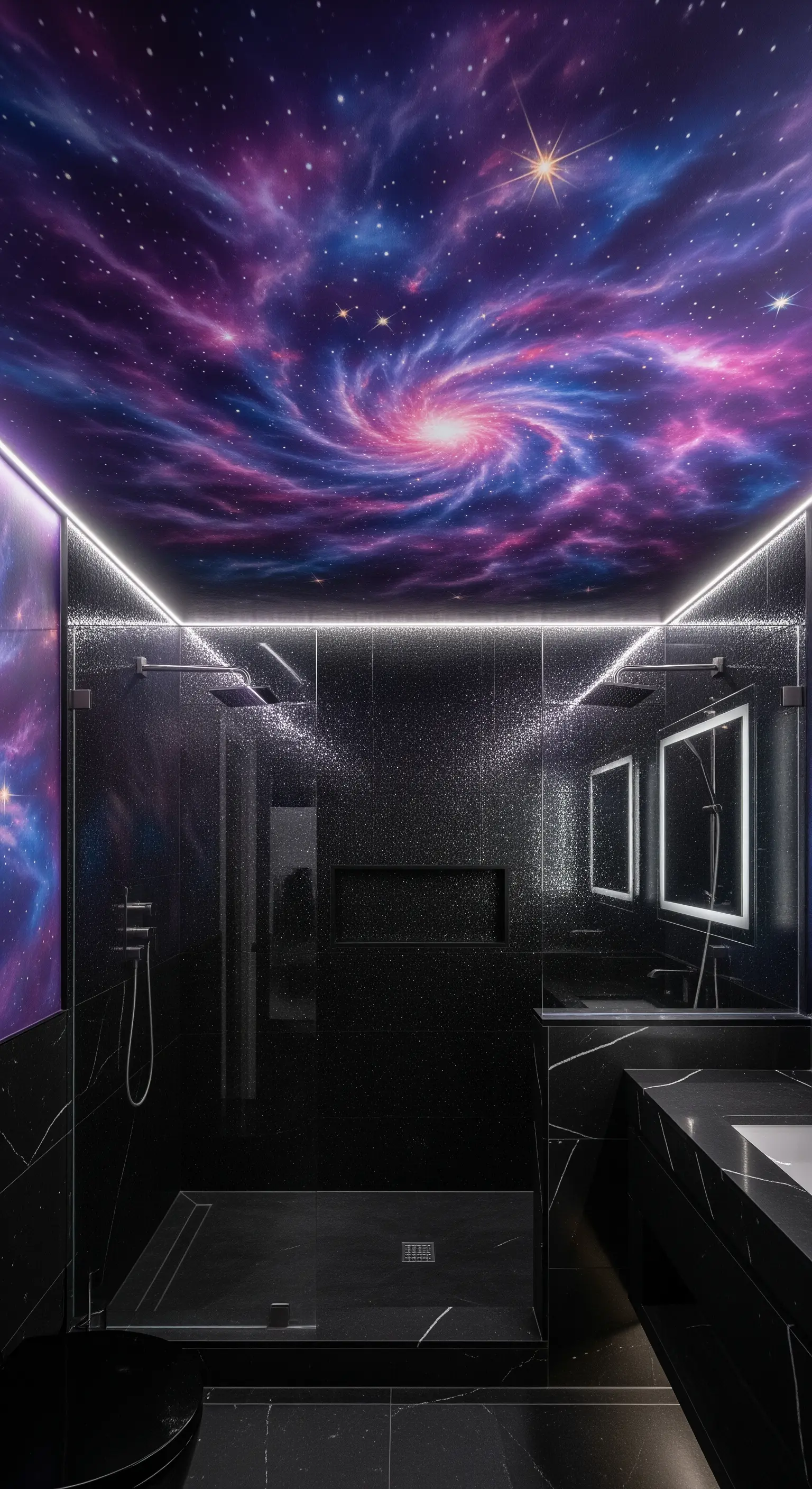 Bagno moderno e scuro con un murale di una galassia sul soffitto e illuminazione a LED.