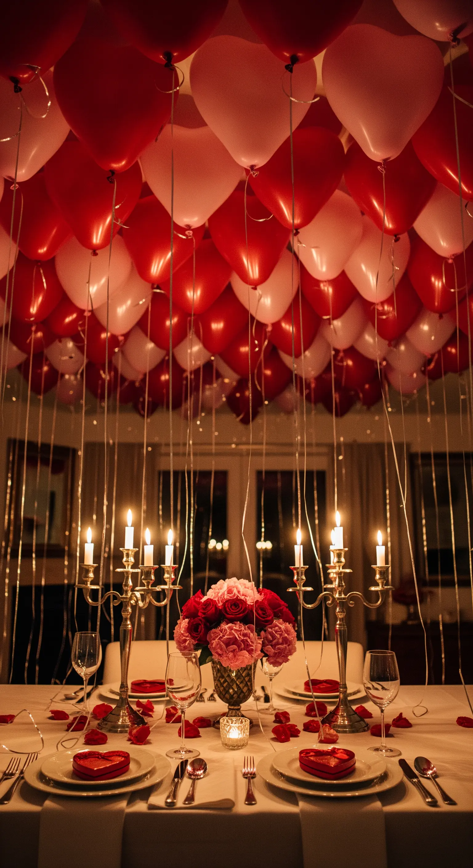 Un soffitto completamente coperto da palloncini rossi e rosa a forma di cuore sopra una cena.
