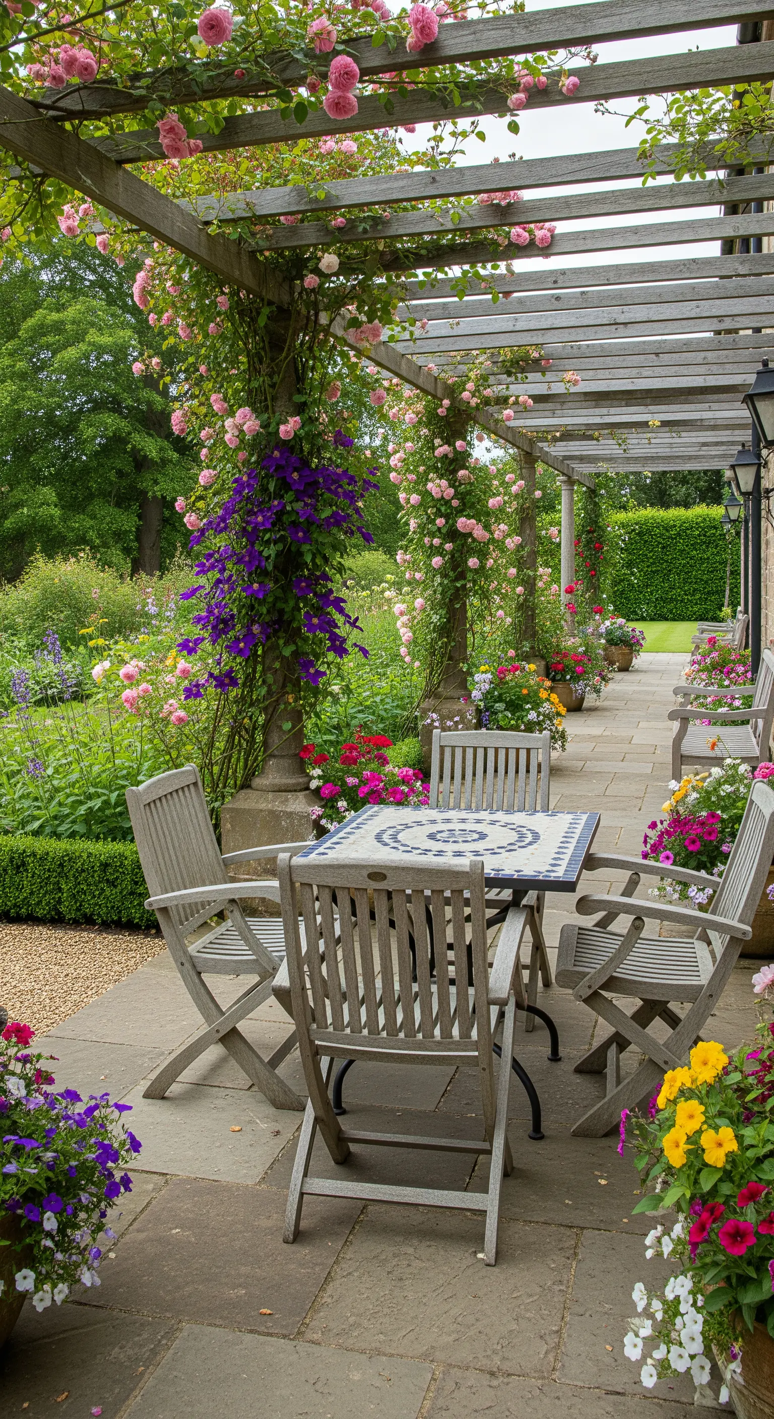 Patio con pergolato in legno ricoperto di rose rampicanti rosa e viola.